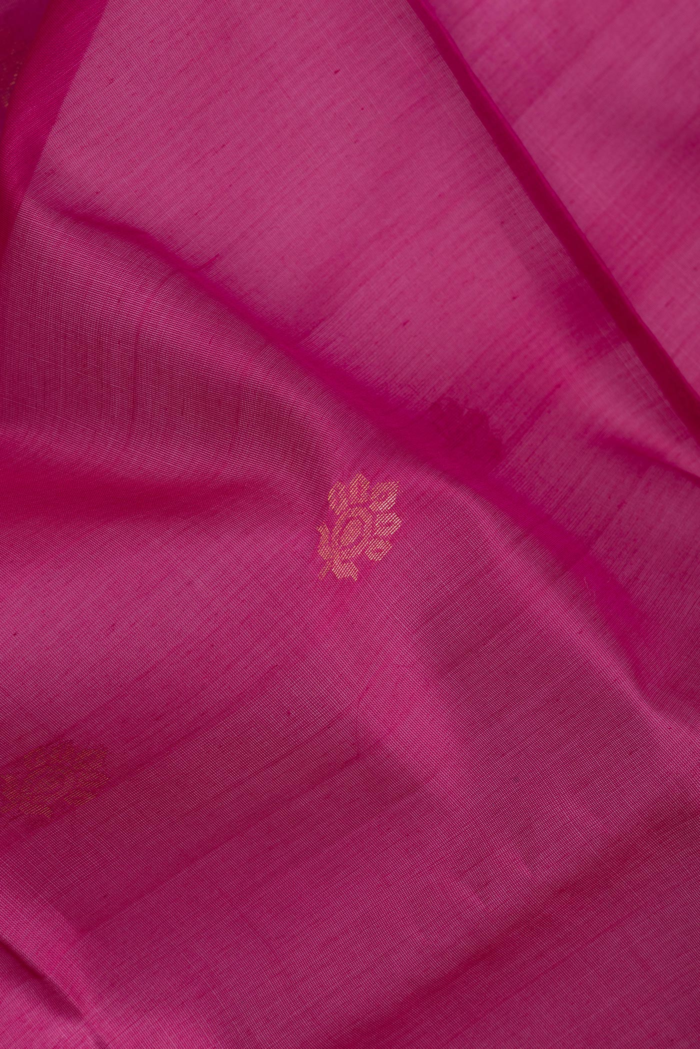 Close up of Magenta Silk Cotton Saree with Zari Butta on the body and Zari Border.  displaying folds