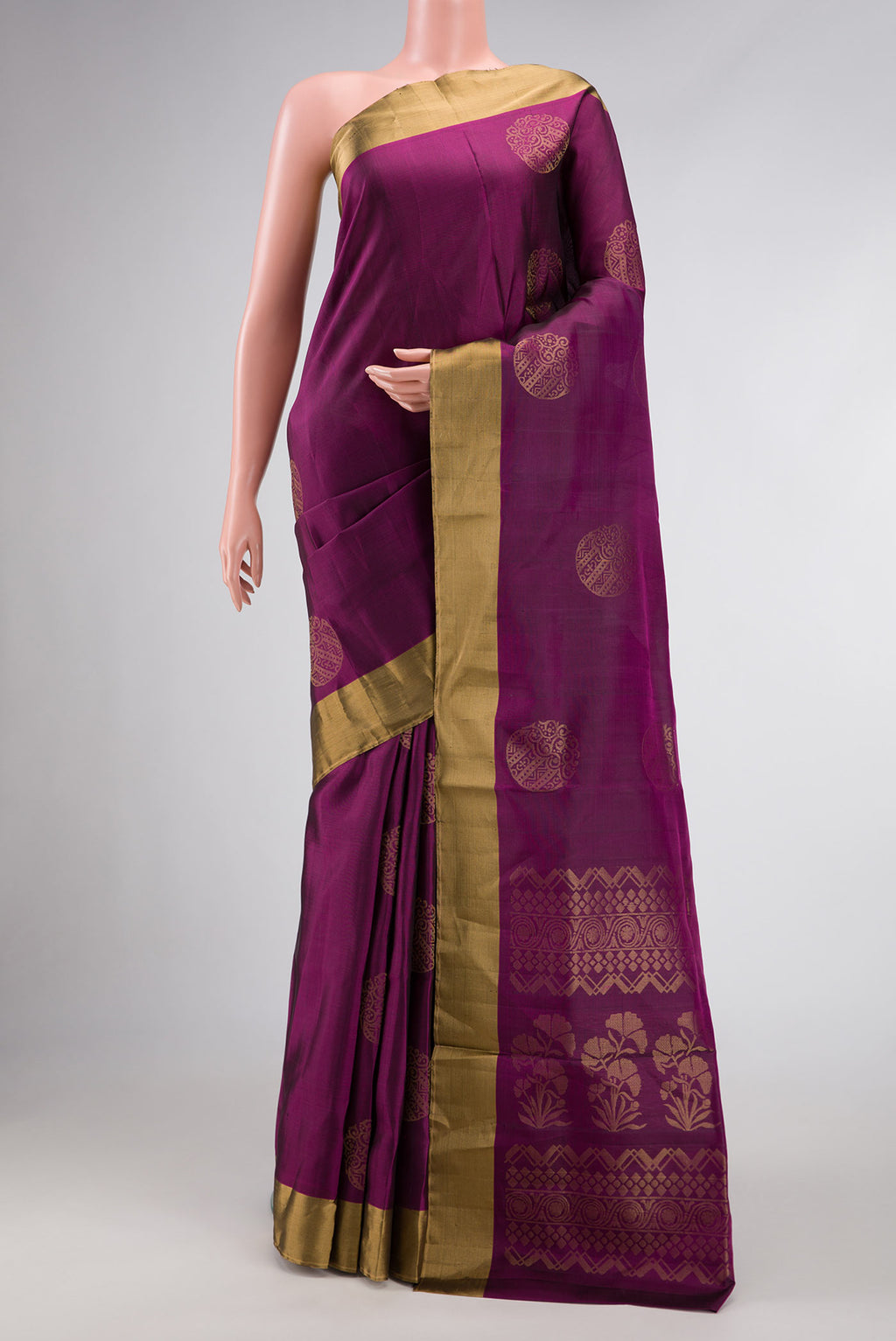 Purple Dual Tone Soft Silk Saree with Zari Butta on the body and Zari Border.  displayed on a mannequin