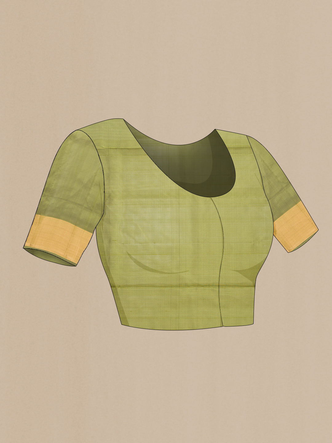 Close up image of the blouse of Mehandi Green Dual Tone Soft Silk Saree with Zari Butta on the body and Zari Border