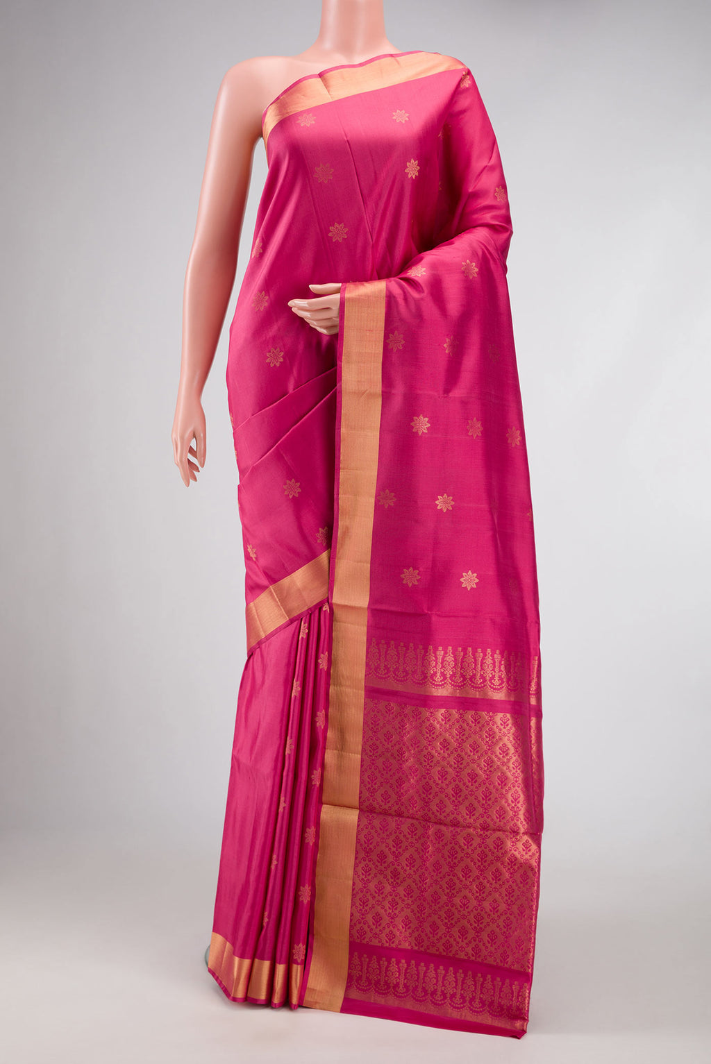 Pink Dual Tone Soft Silk Saree with Zari Butta on the body and Zari Border.  displayed on a mannequin