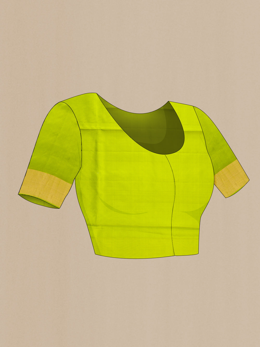 Close up image of the blouse of Yellow Dual Tone Soft Silk Saree with Zari Butta on the body and Zari Border. 