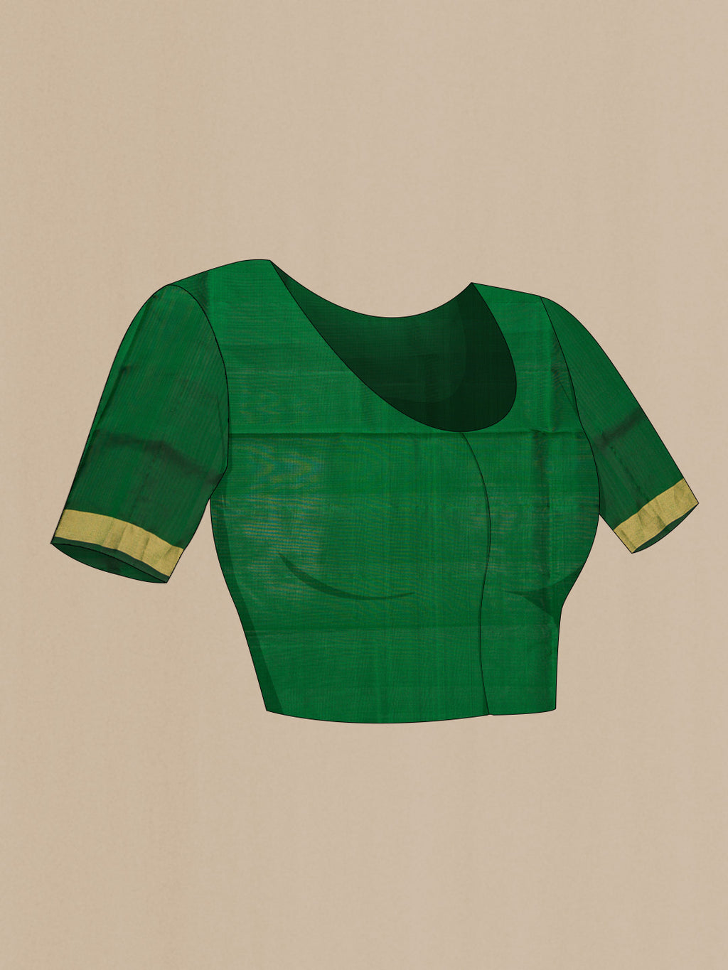 Close up image of the blouse of Bottle Green Dual Tone Soft Silk Saree with Zari Butta on the body and Zari Border. 