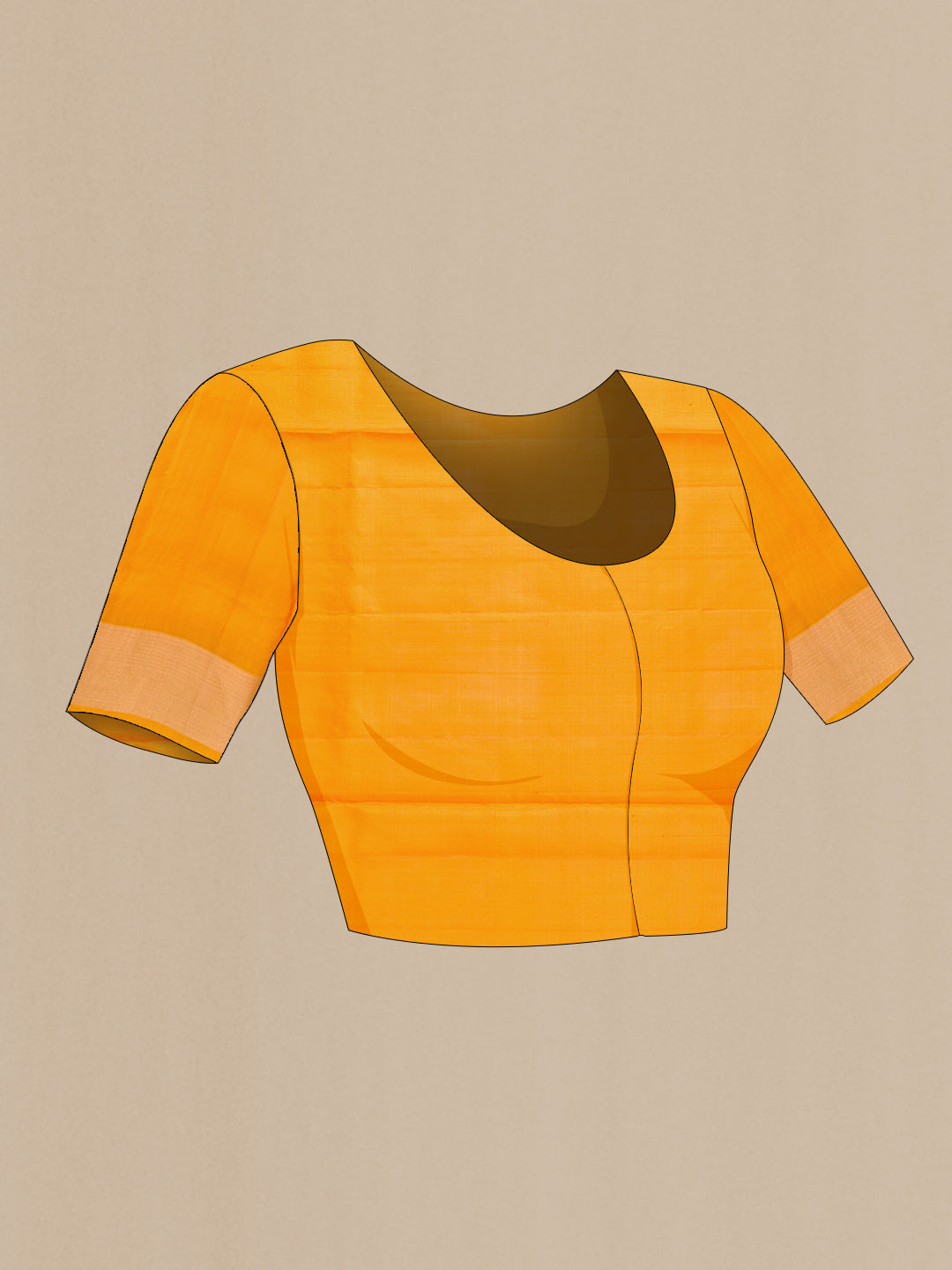 Close up image of the blouse of Mustard Dual Tone Soft Silk Saree with Zari Butta on the body and Zari Border. 