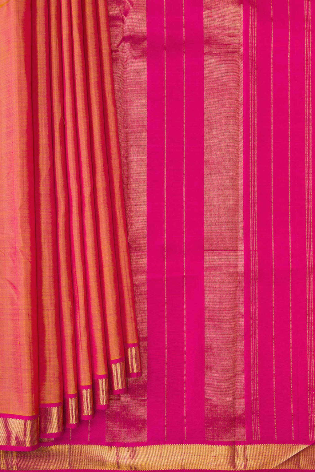 Pleats and pallu of Mustard Dual Tone Kanjivaram Silk Saree with Plain Body and Zari Border. 