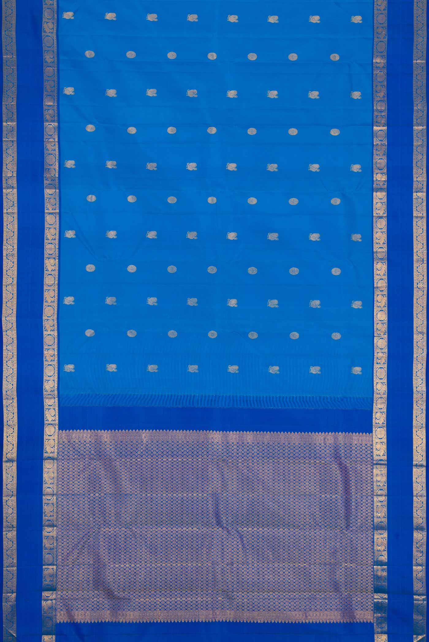 Flat view of Royal Blue Kanchipuram Silk Saree with Zari Butta on the body and Zari Border