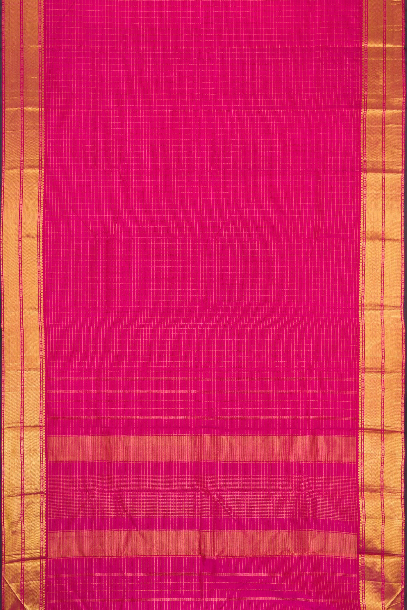 Flat view of Pink Dual Tone Kanchipuram Silk Saree with Checked design on the body and Zari Border. 
