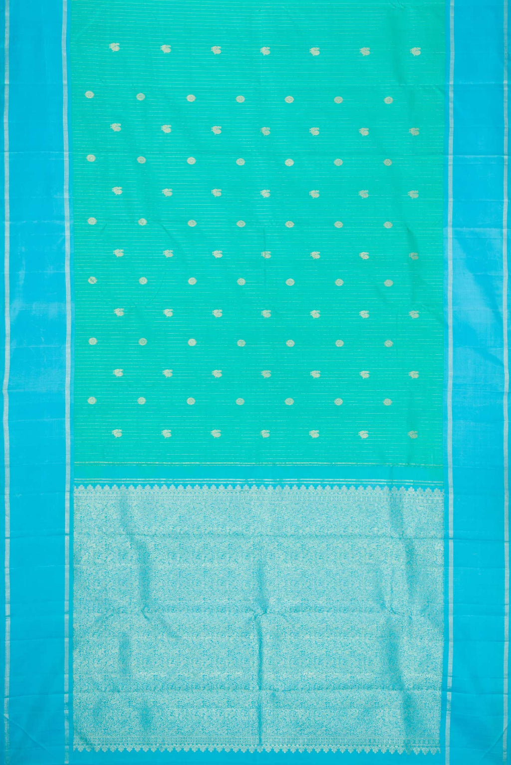 Flat view of Sea Green Dual Tone Kanchipuram Silk Saree with Stripes on the body and Zari Border. 