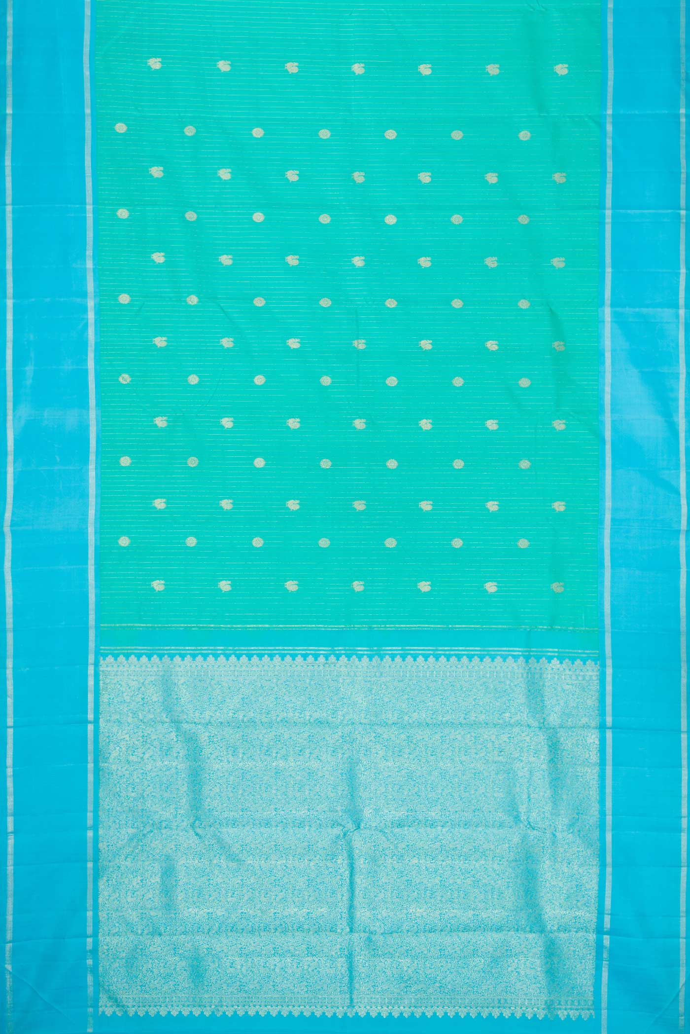 Flat view of Sea Green Dual Tone Kanchipuram Silk Saree with Stripes on the body and Zari Border. 