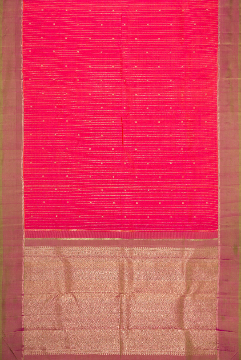 Flat view of Pink Dual Tone Kanchipuram Silk Saree with Stripes on the body and Zari Border. 