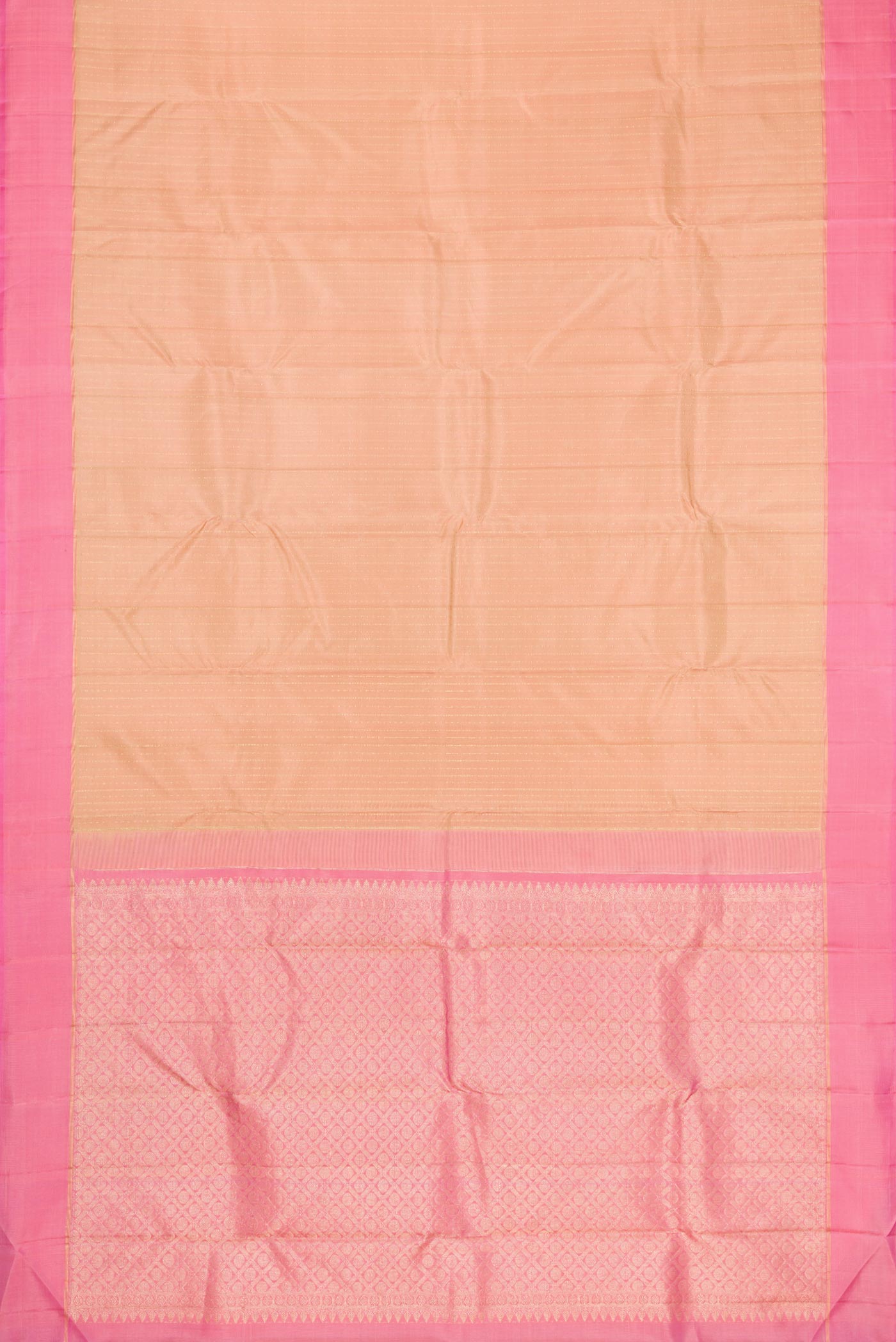 Flat view of Sandal Dual Tone Kanchipuram Silk Saree with Checked design on the body and Plain Border. 