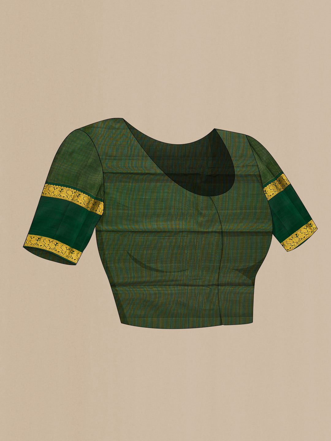 Close up image of the blouse of Brick Orange Dual Tone Kanchipuram Silk Saree with Stripes on the body and Zari Border. 