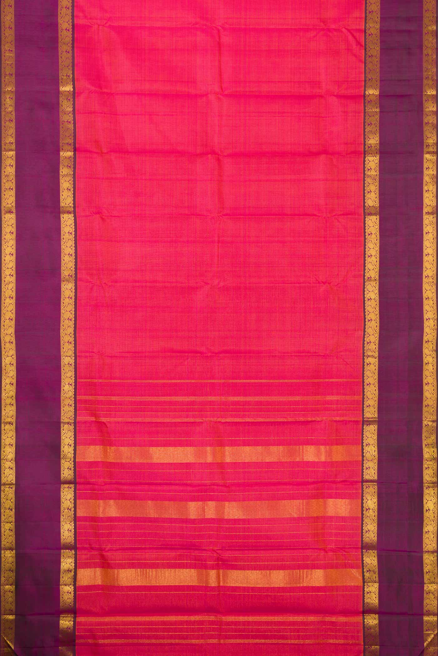Flat view of Brick Orange Dual Tone Kanchipuram Silk Saree with Stripes on the body and Zari Border. 