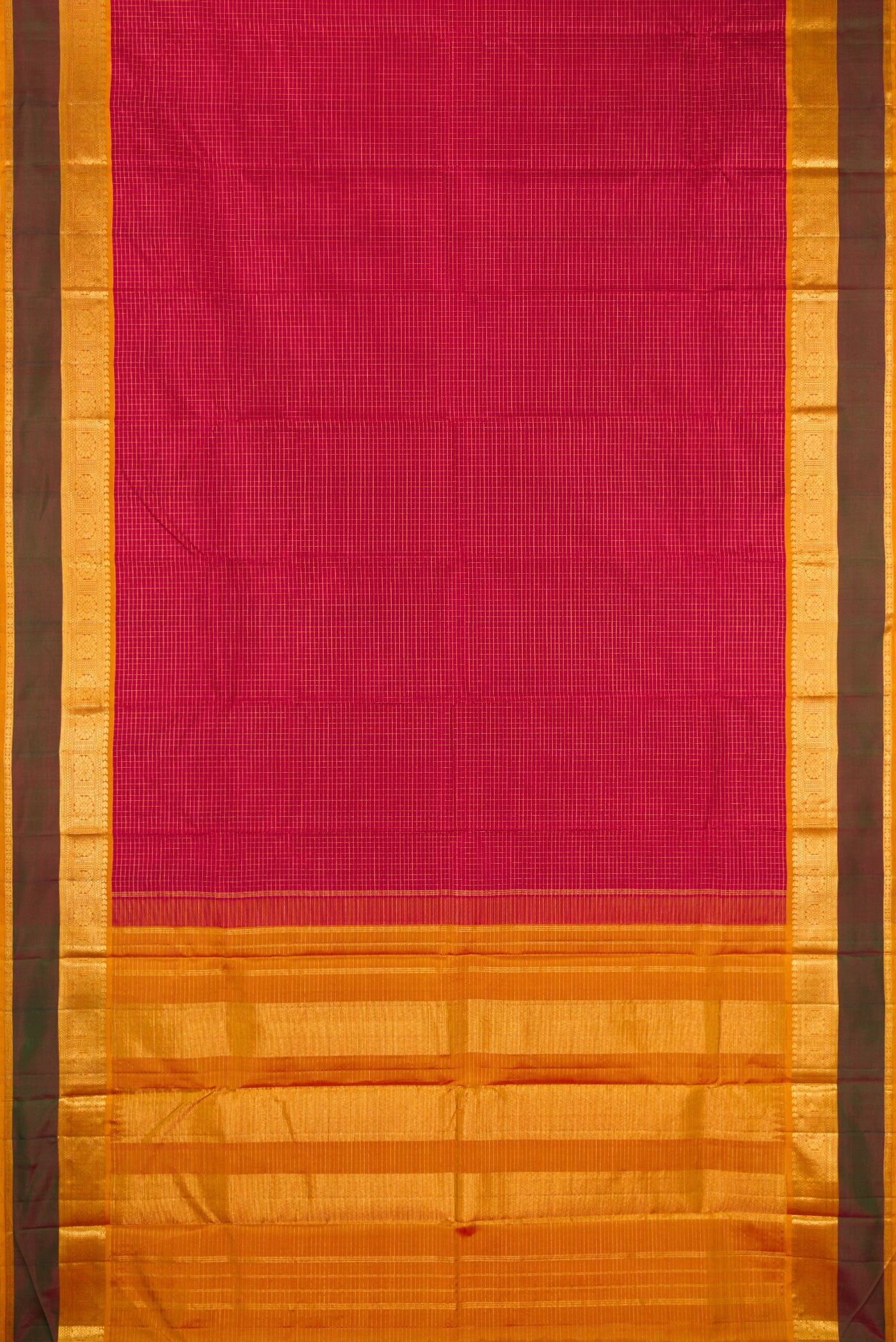 Flat view of Pure Silk Maroon Kanchipuram Saree with Checked design on the body and Zari Border. 