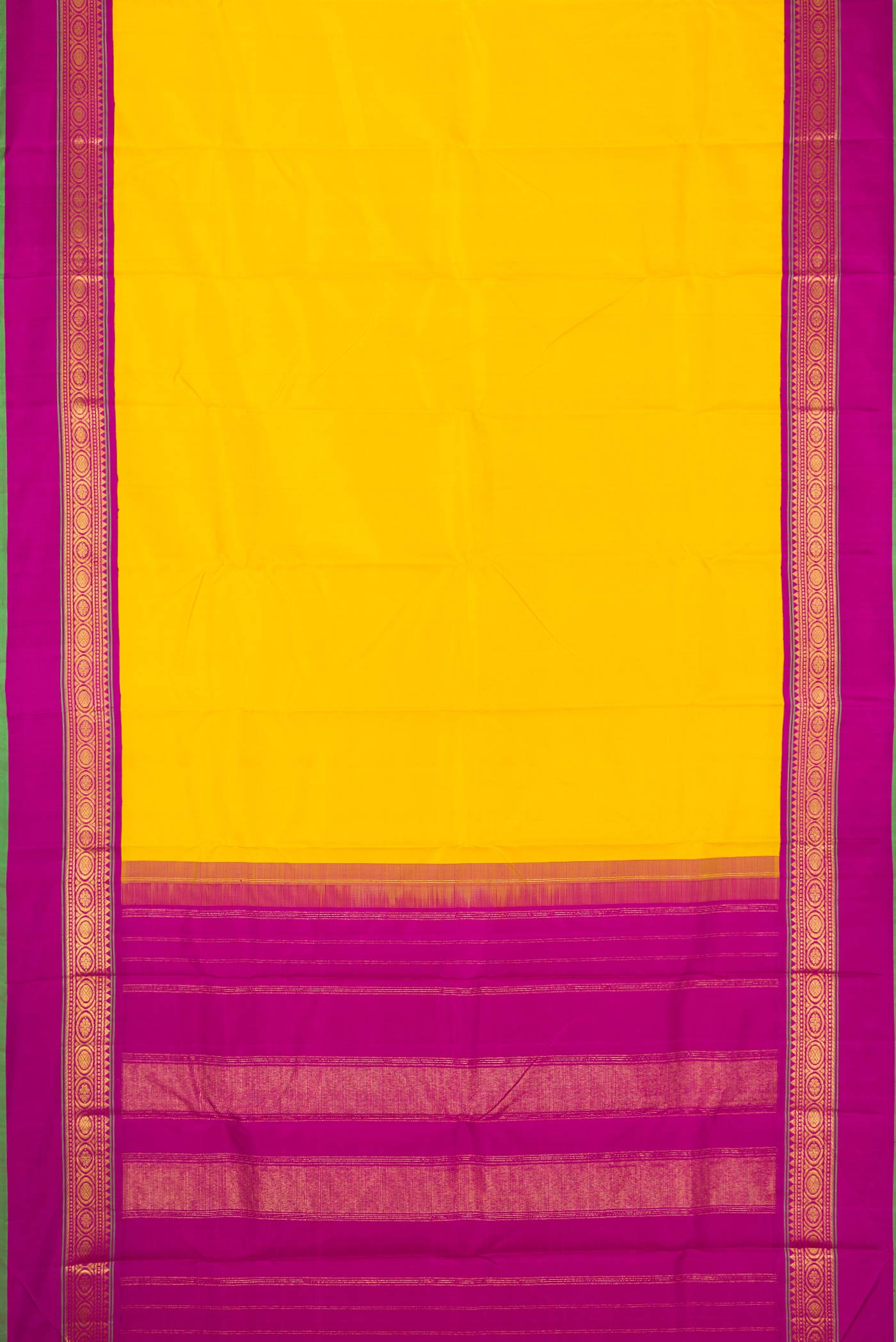 Flat view of Yellow Dual Tone Kanjivaram Silk Saree with Plain Body and Zari Border. 