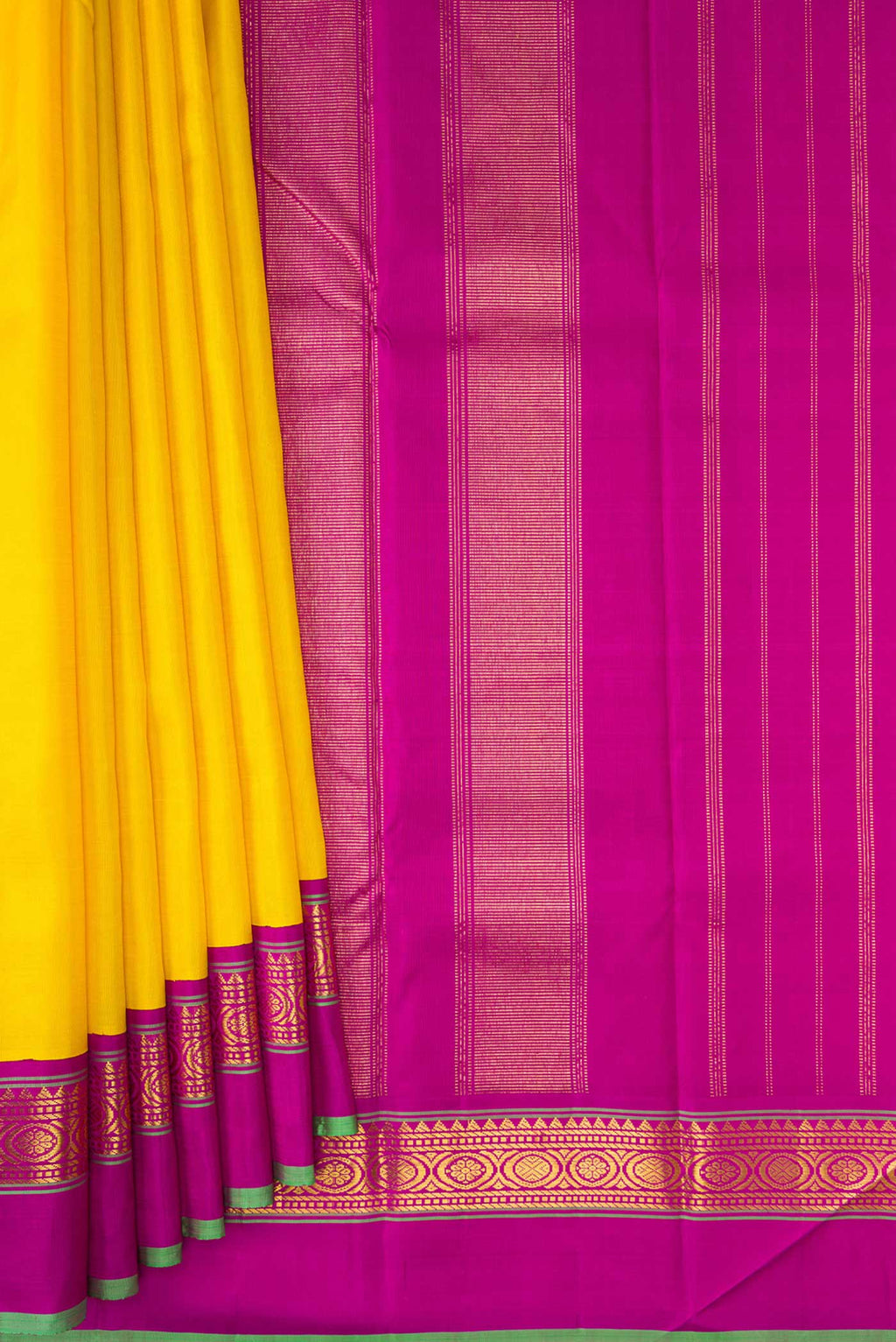 Pleats and pallu of Yellow Dual Tone Kanjivaram Silk Saree with Plain Body and Zari Border. 