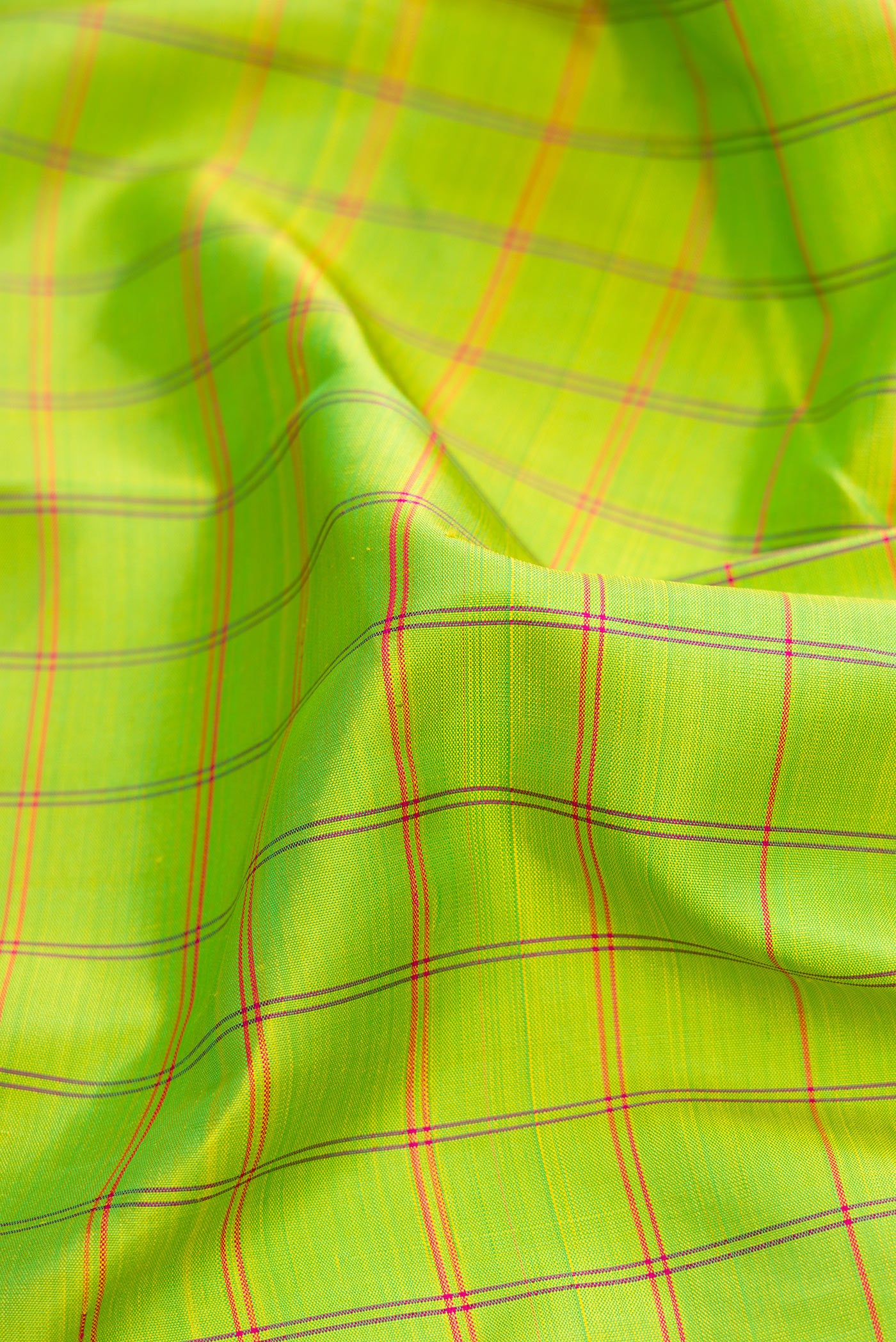 Close up of Parrot Green Dual Tone Kanchipuram Silk Saree with Checked design on the body and Zari And Thread Border.  displaying folds