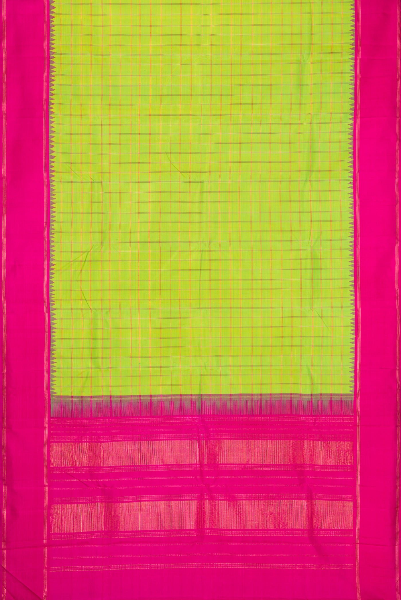 Flat view of Parrot Green Dual Tone Kanchipuram Silk Saree with Checked design on the body and Zari And Thread Border. 