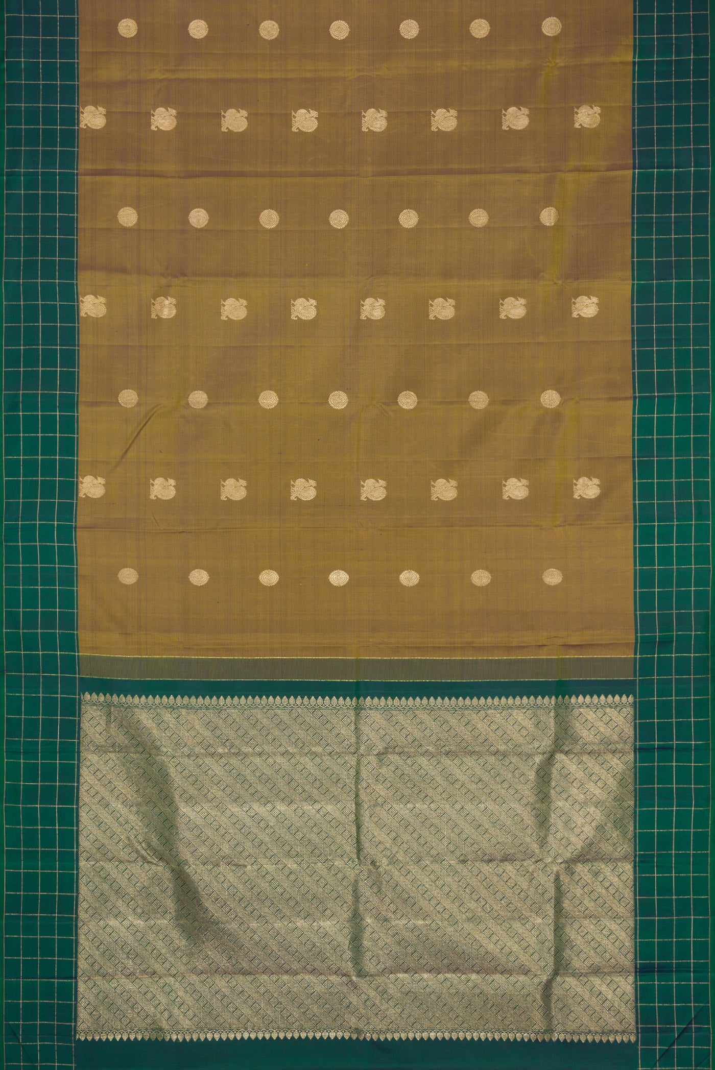 Flat view of Mehandi Green Dual Tone Kanchipuram Silk Saree with Zari Butta on the body and Checks Border. 