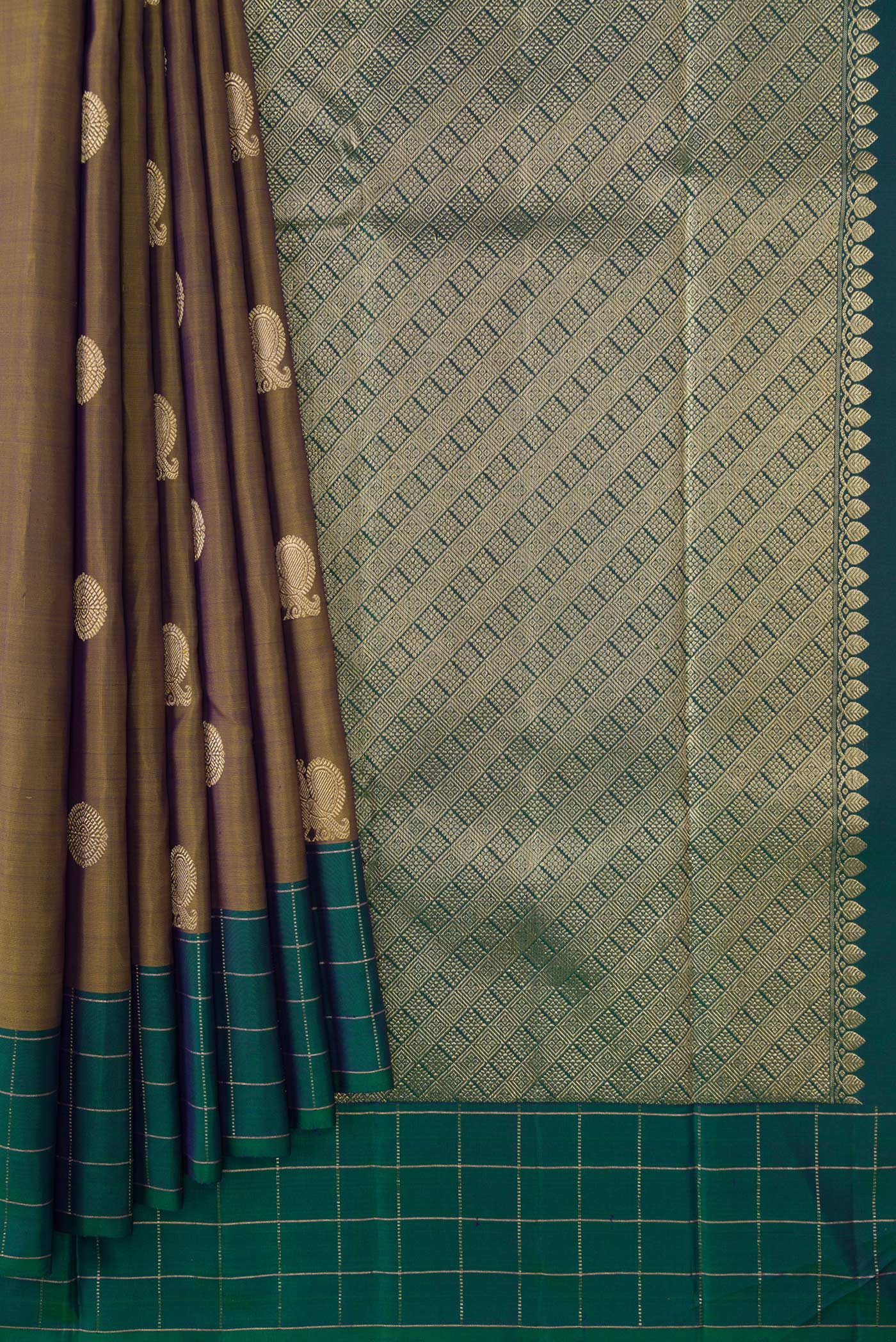 Pleats and pallu of Mehandi Green Dual Tone Kanchipuram Silk Saree with Zari Butta on the body and Checks Border. 