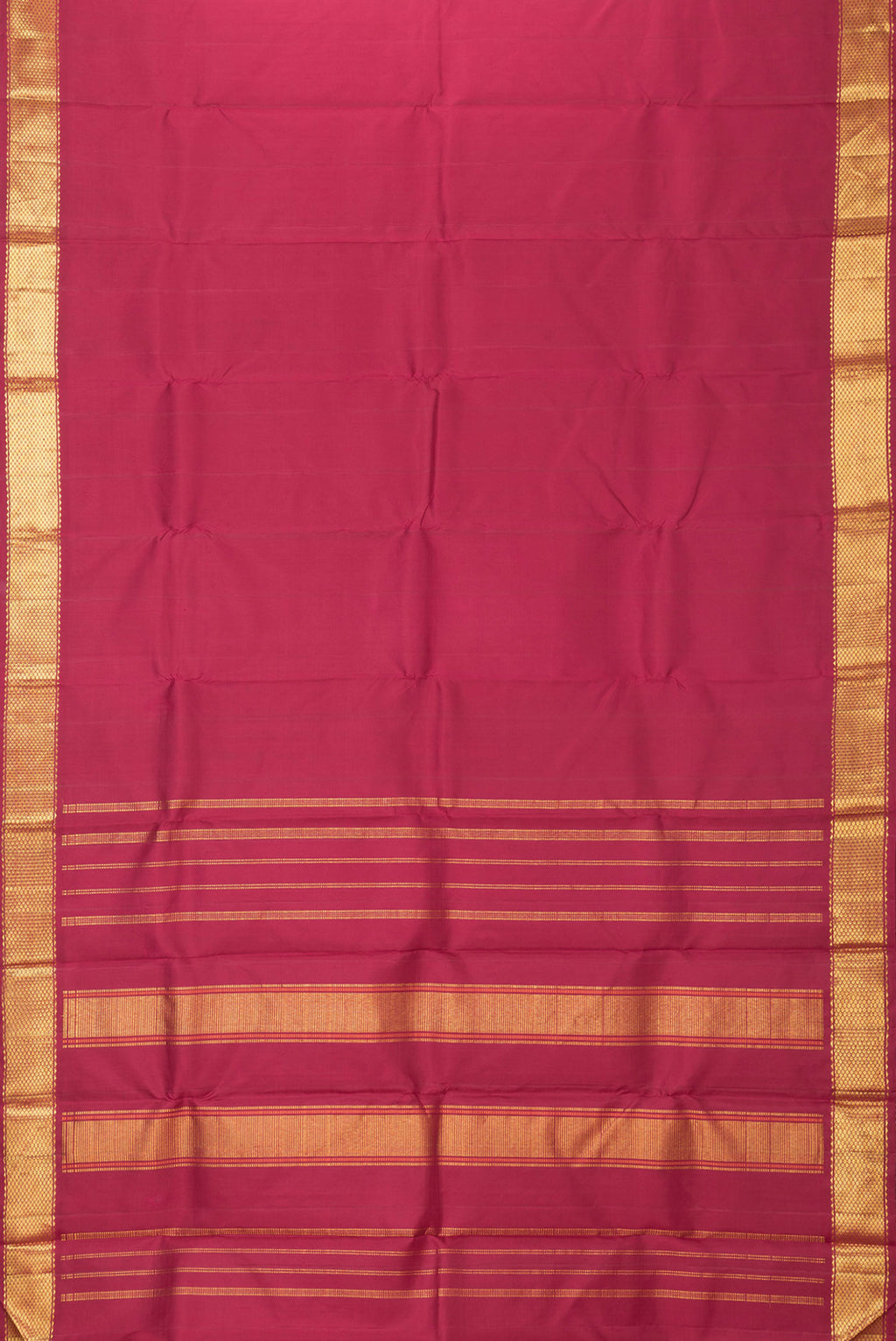Flat view of Maroon Dual Tone Kanchipuram Silk Saree with Plain Body and Zari Border. 