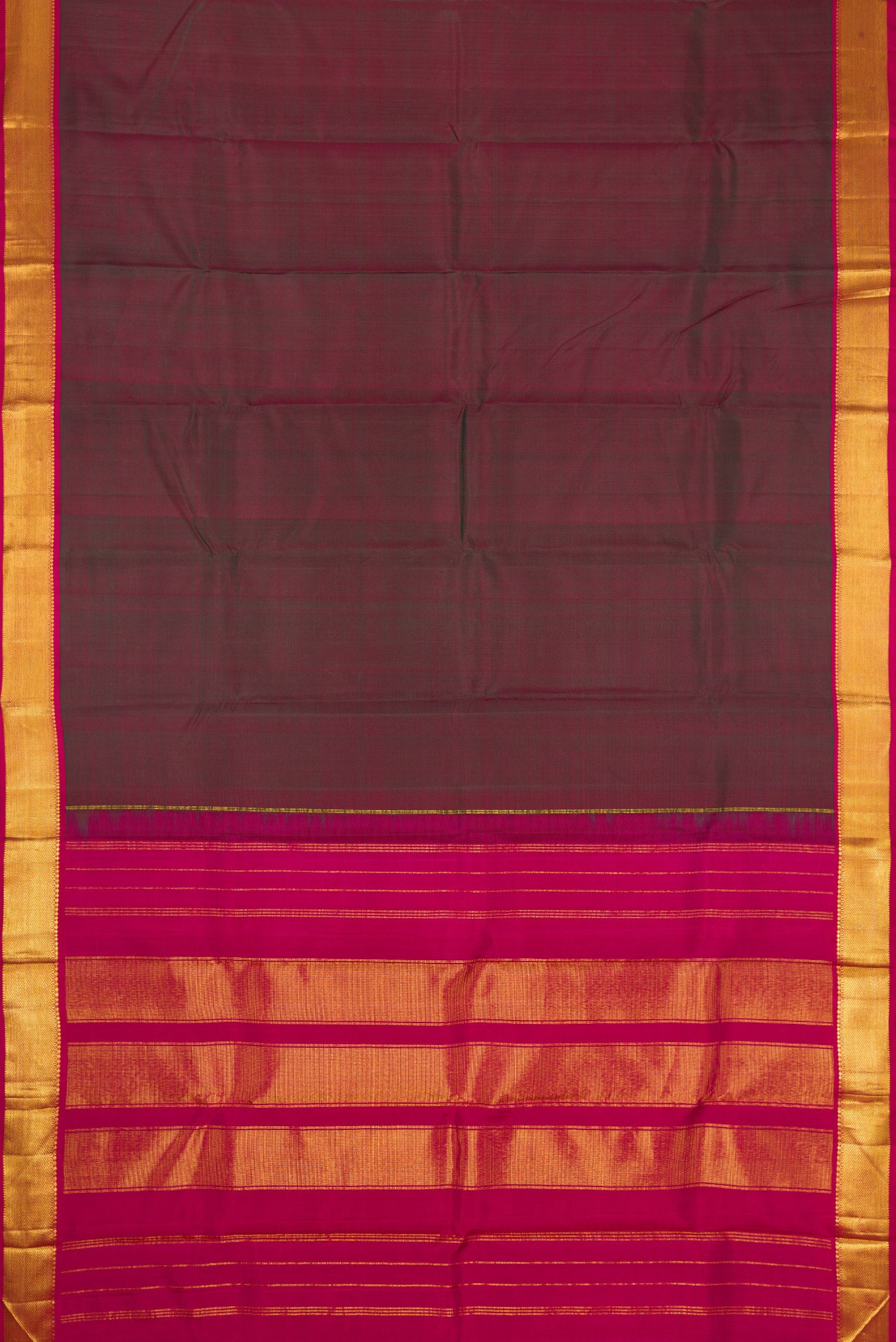 Flat view of Green Dual Tone Kanchipuram Silk Saree with Plain Body and Zari Border. 