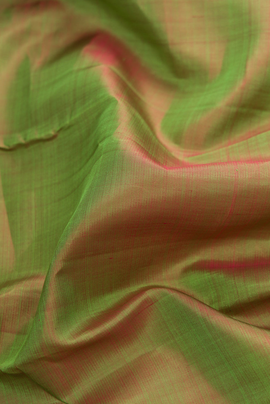 Close up of Green Dual Tone Kanchipuram Silk Saree with Plain Body and Zari Border.  displaying folds