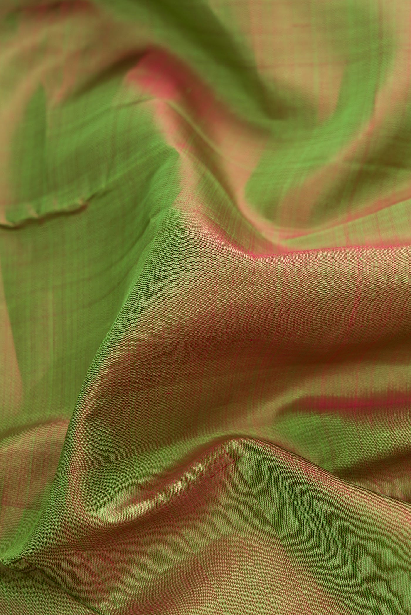 Close up of Green Dual Tone Kanchipuram Silk Saree with Plain Body and Zari Border.  displaying folds