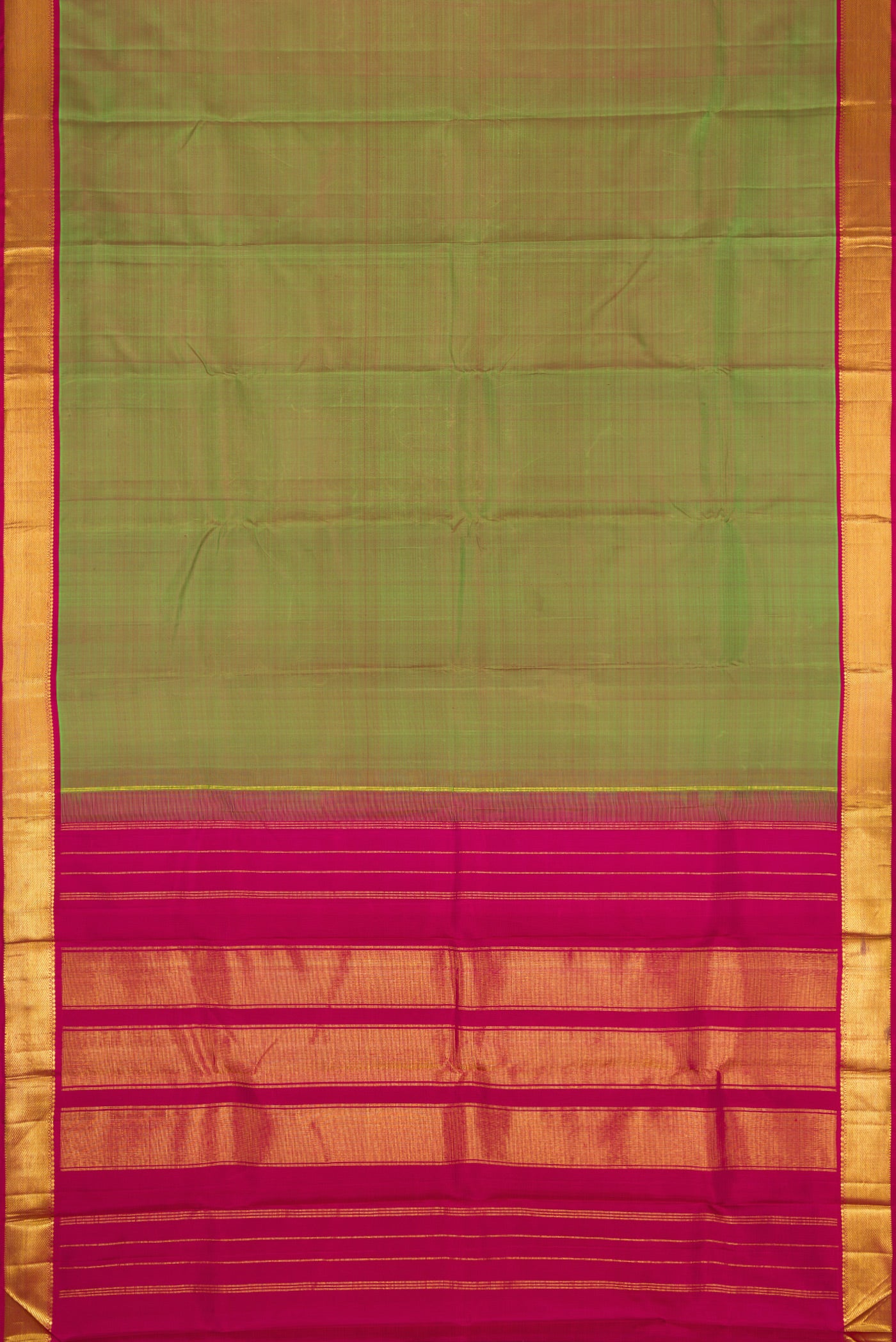 Flat view of Green Dual Tone Kanchipuram Silk Saree with Plain Body and Zari Border. 