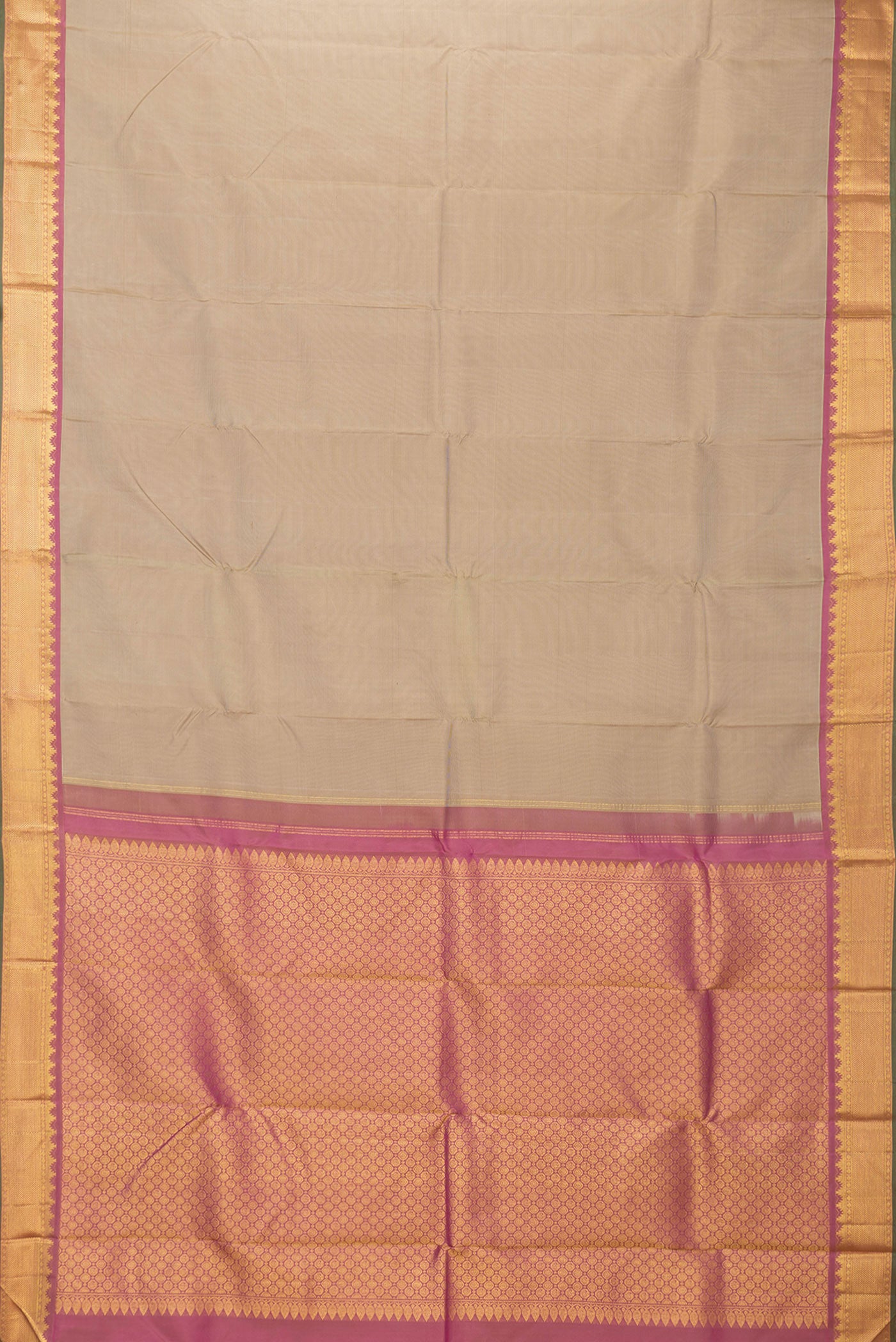 Flat view of Pista Green Dual Tone Kanchipuram Silk Saree with Stripes on the body and Zari Border. 