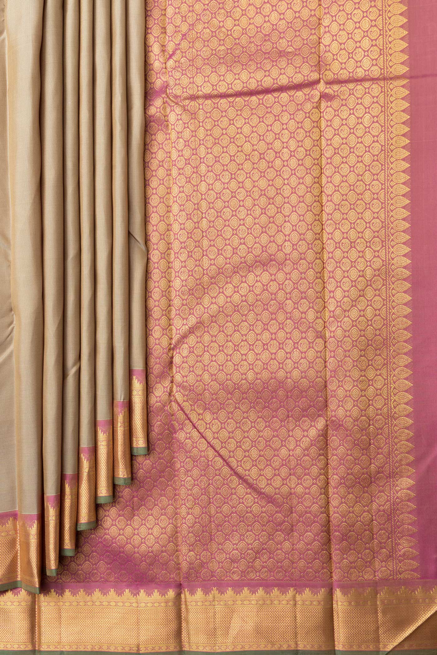 Pleats and pallu of Pista Green Dual Tone Kanchipuram Silk Saree with Stripes on the body and Zari Border. 