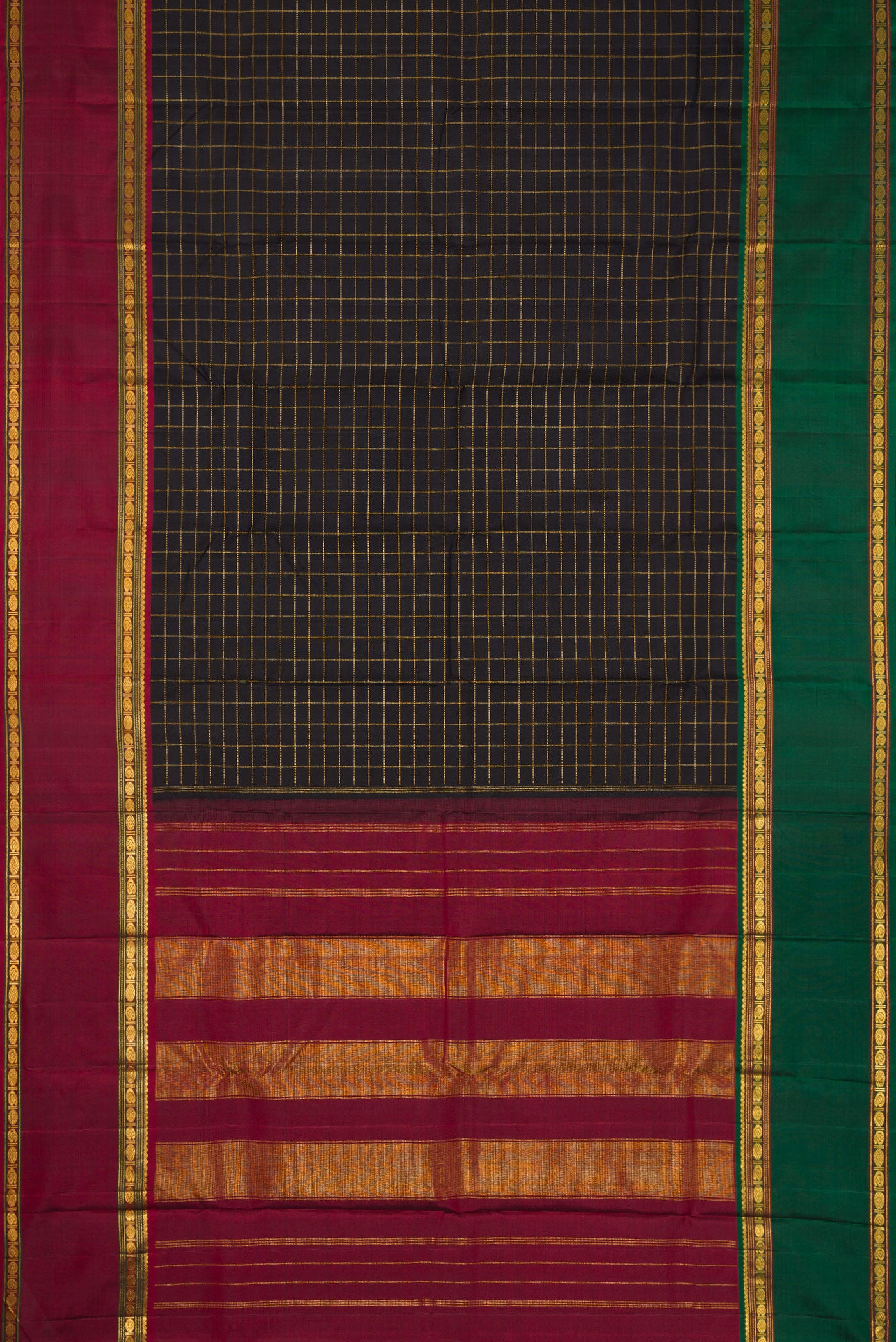 Flat view of Black Dual Tone Kanchipuram Silk Saree with Checked design on the body and Ganga Jamuna Border. 