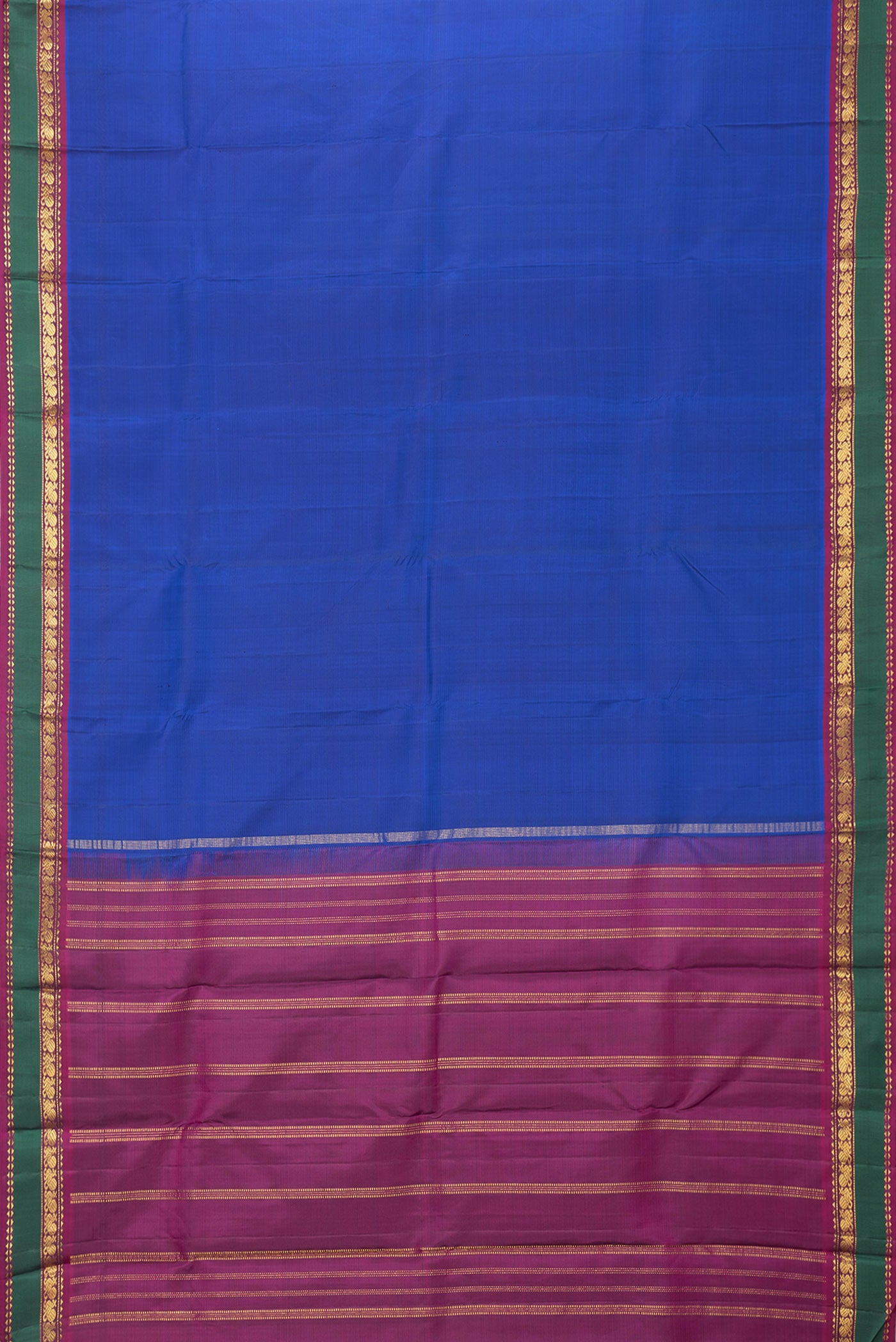 Flat view of Royal Blue Dual Tone Kanchipuram Silk Saree with Plain Body and Zari Border. 