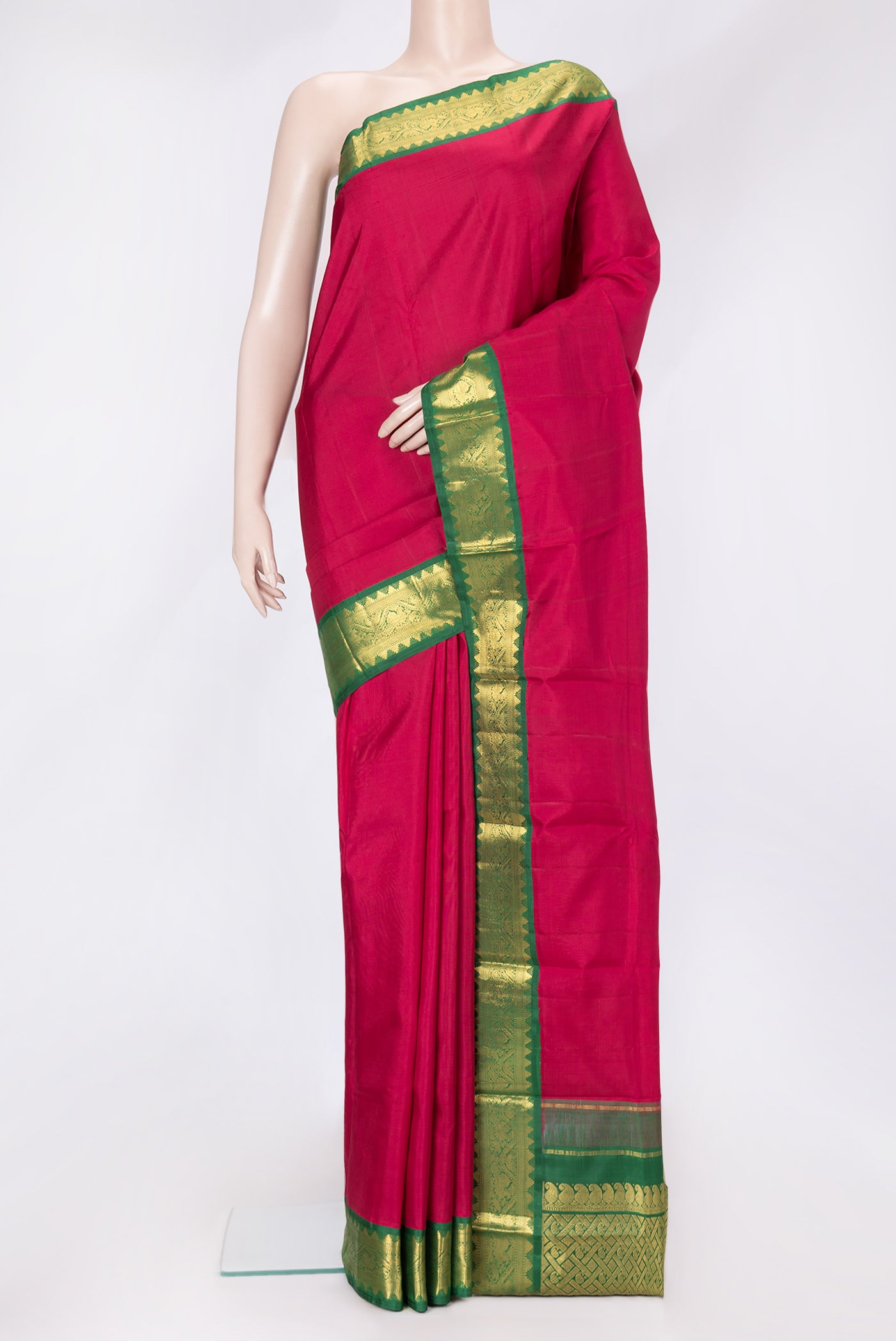 Pink Dual Tone Kanjivaram Silk Saree with Plain Body and Zari Border.  displayed on a mannequin