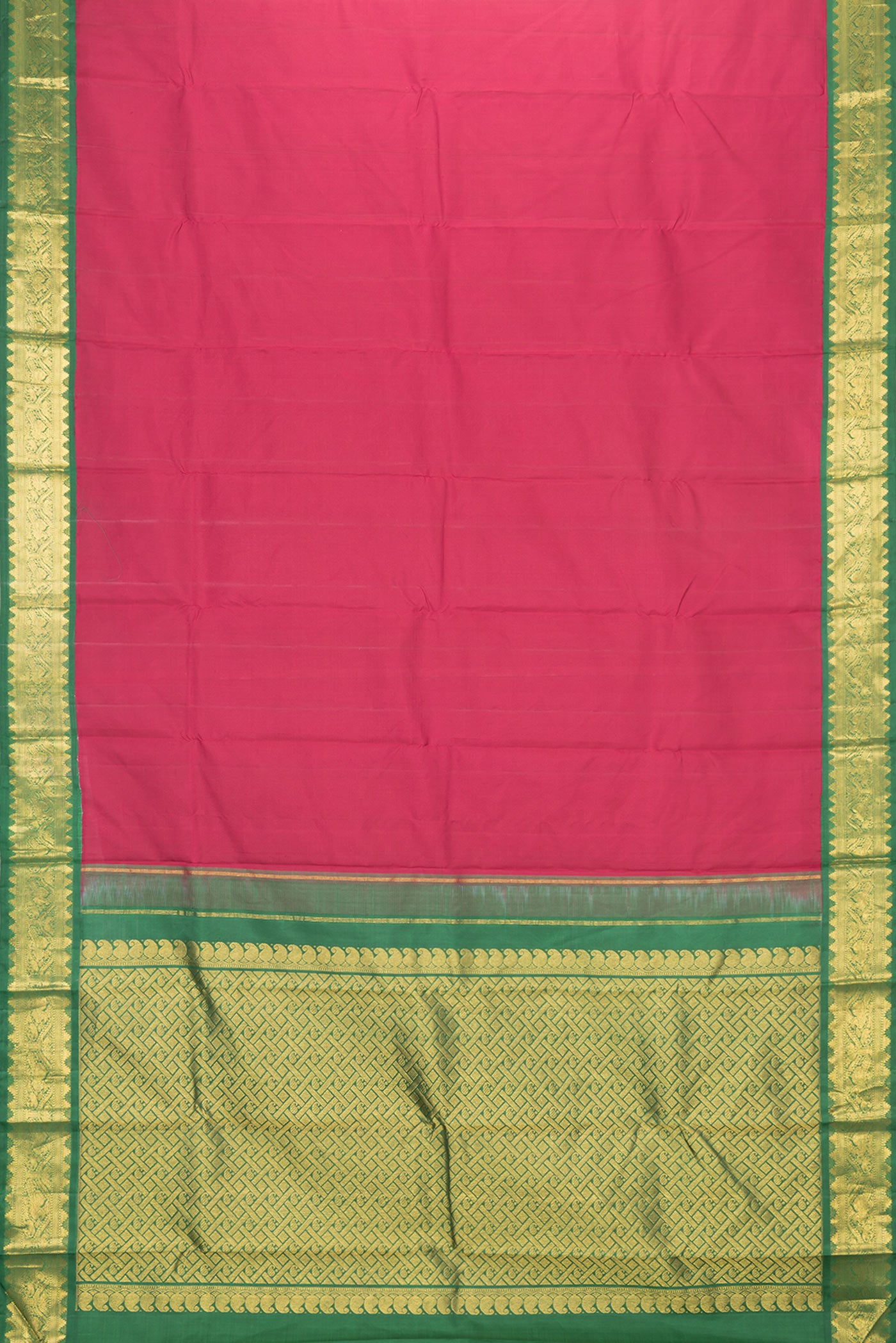 Flat view of Pink Dual Tone Kanjivaram Silk Saree with Plain Body and Zari Border. 