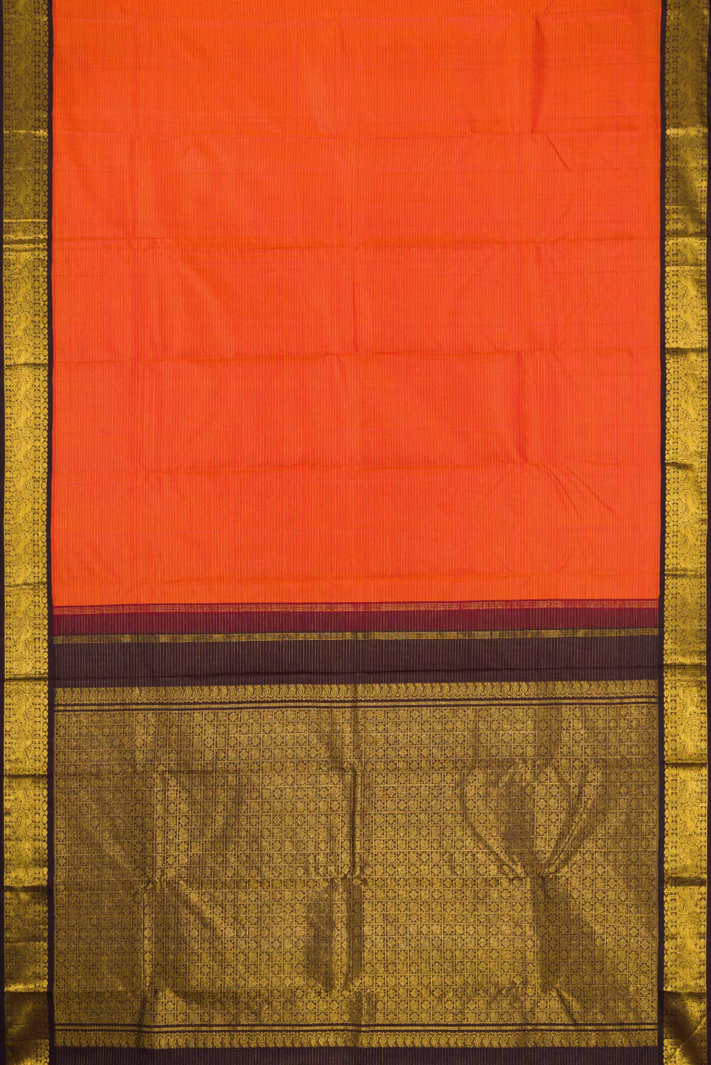 Flat view of Orange Dual Tone Kanjivaram Silk Saree with Zari And Thread Butta on the body and Zari Border. 