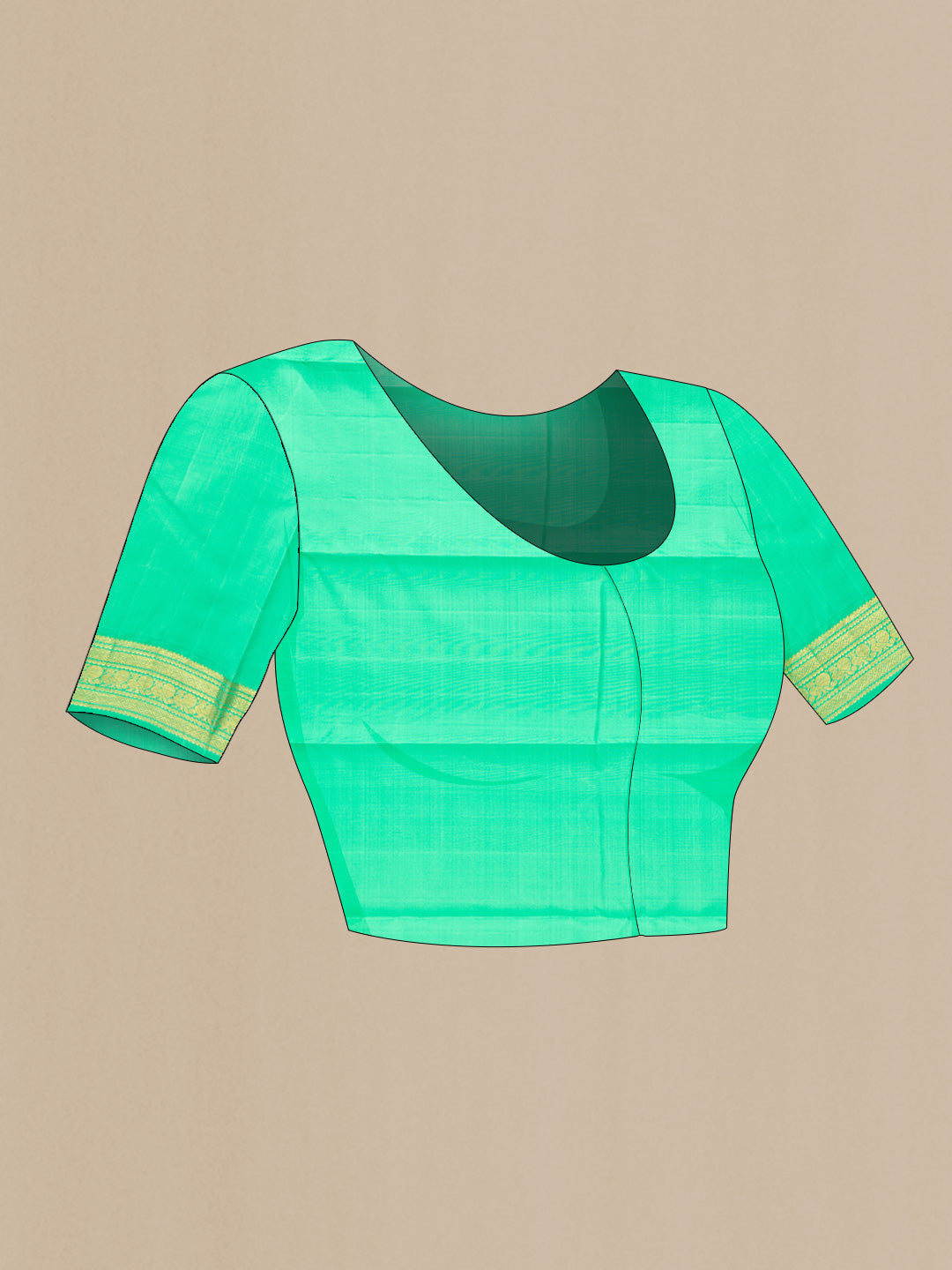 Close up image of the blouse of Red Dual Tone Kanjivaram Silk Saree with Plain Body and Zari Border. 