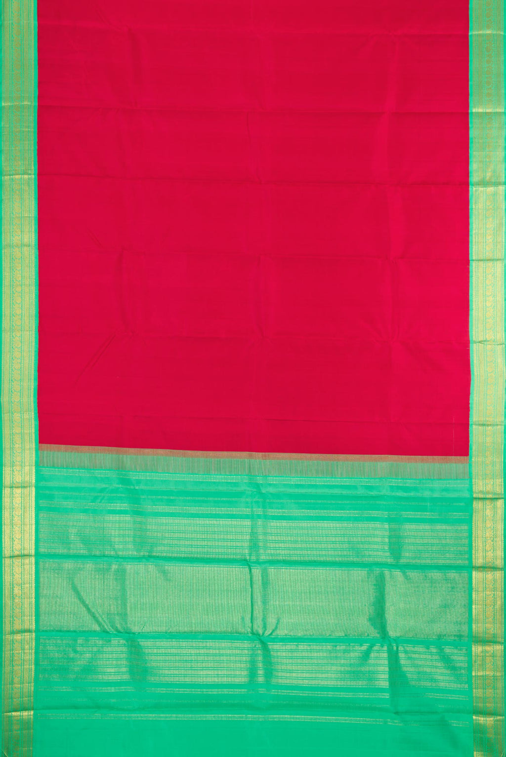 Flat view of Red Dual Tone Kanjivaram Silk Saree with Plain Body and Zari Border. 