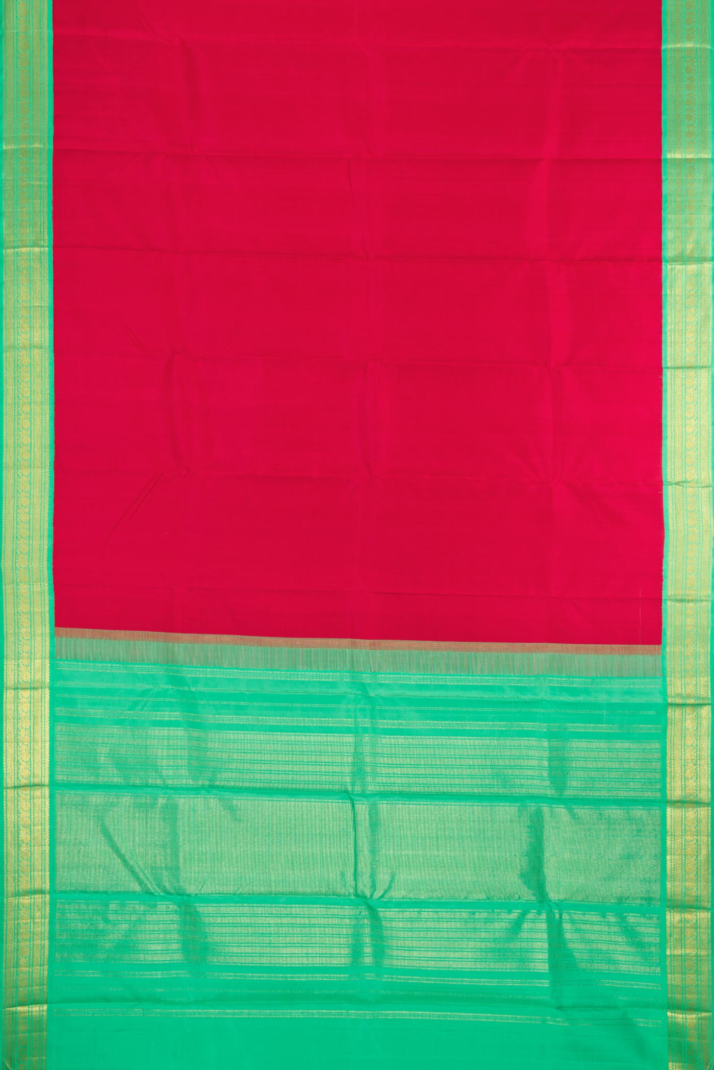 Flat view of Red Dual Tone Kanjivaram Silk Saree with Plain Body and Zari Border. 