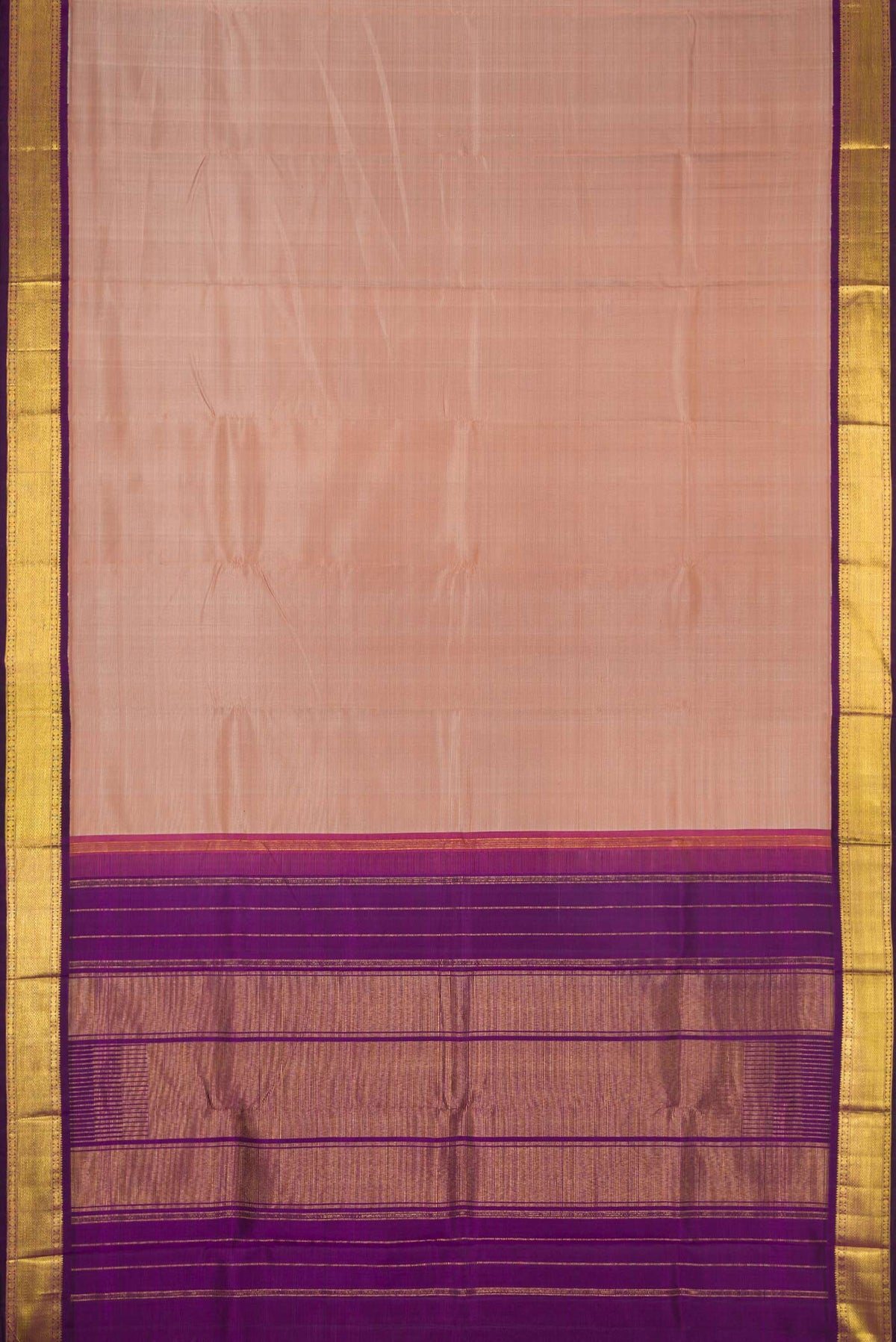 Flat view of Dark Beige Dual Tone Kanjivaram Silk Saree with Plain Body and Zari Border. 