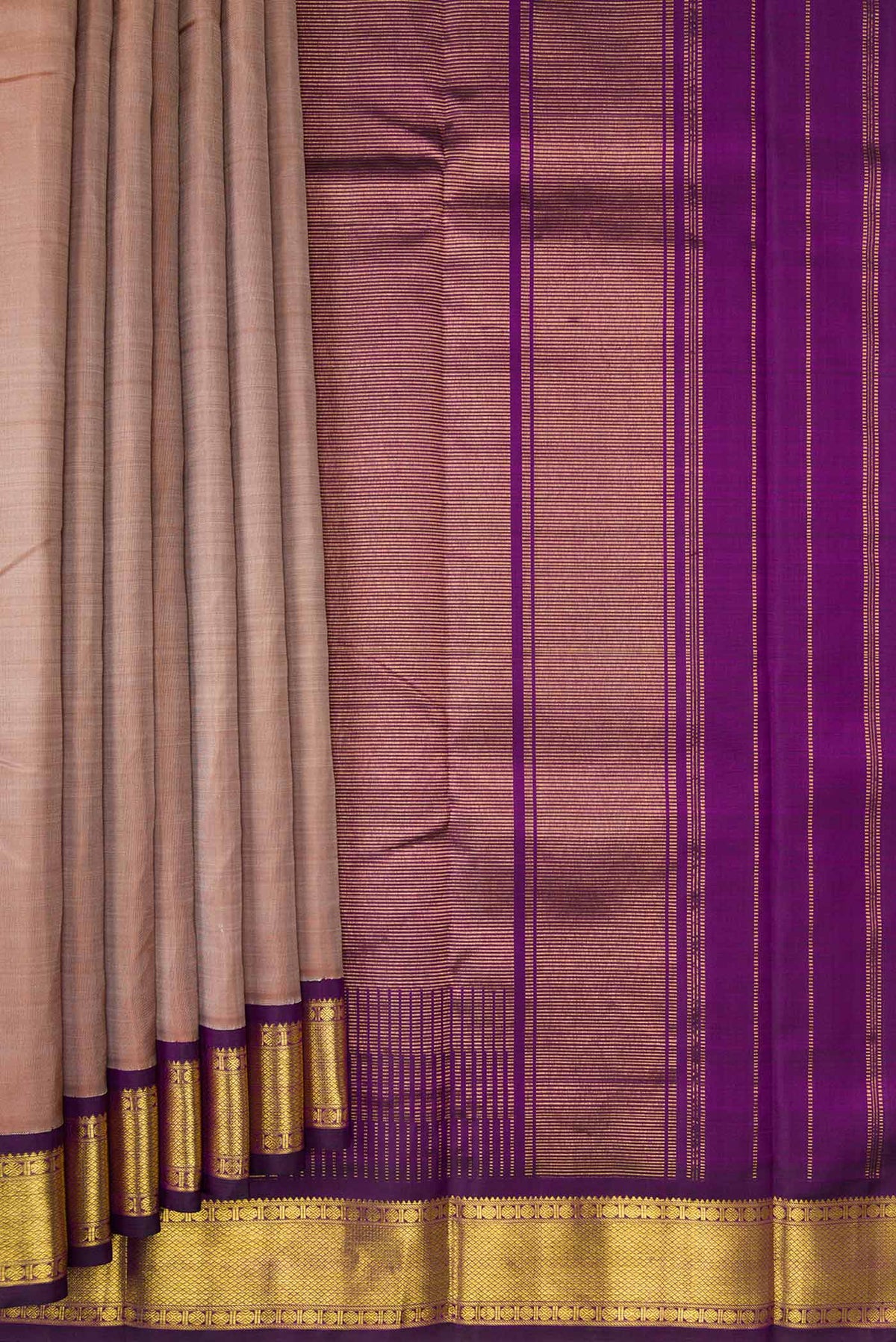 Pleats and pallu of Dark Beige Dual Tone Kanjivaram Silk Saree with Plain Body and Zari Border. 