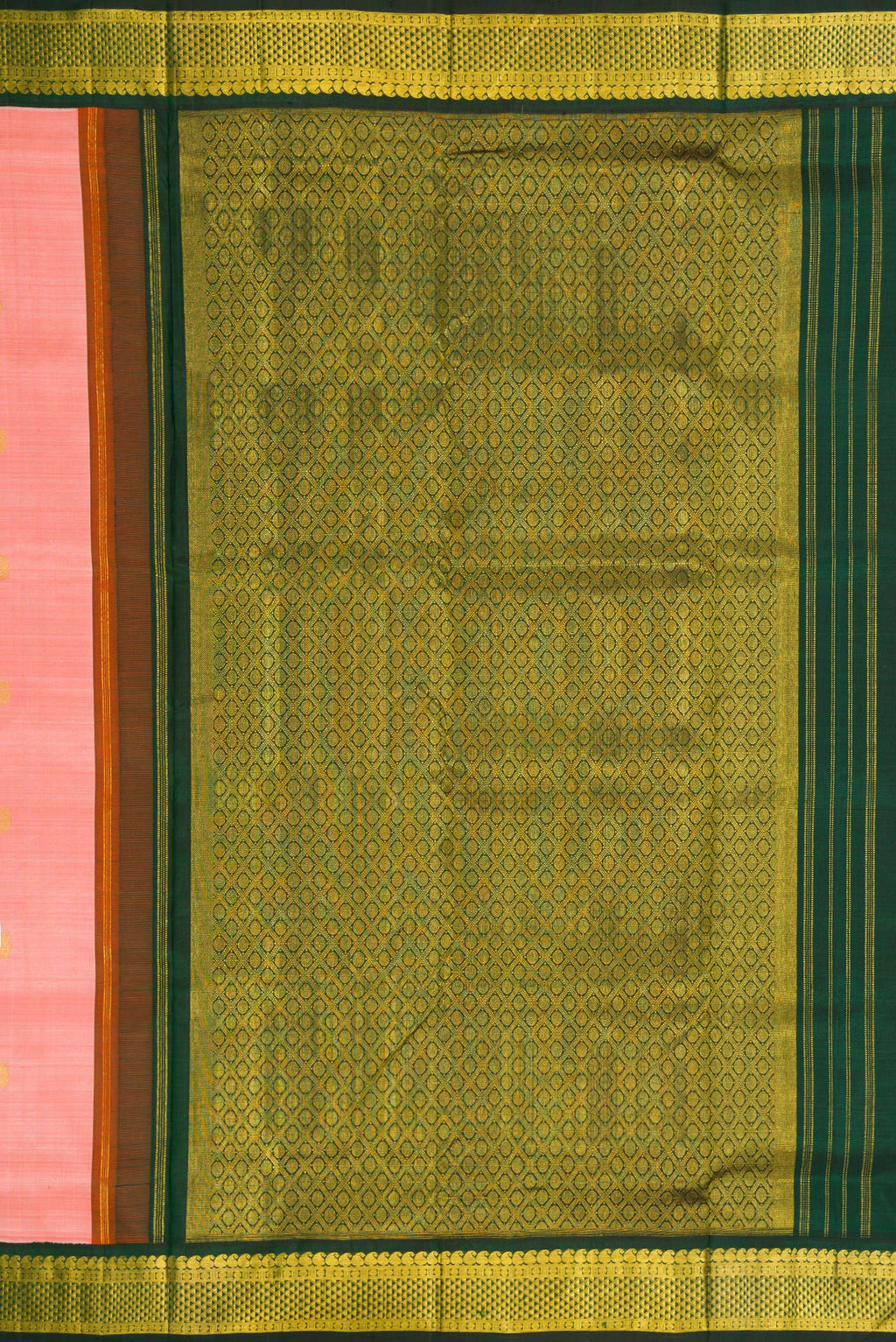Close up image of the pallu of Pure Silk Pure Zari Peach Dual Tone Kanchipuram Nine Yards Saree with Zari Butta on the body and Zari Border. 