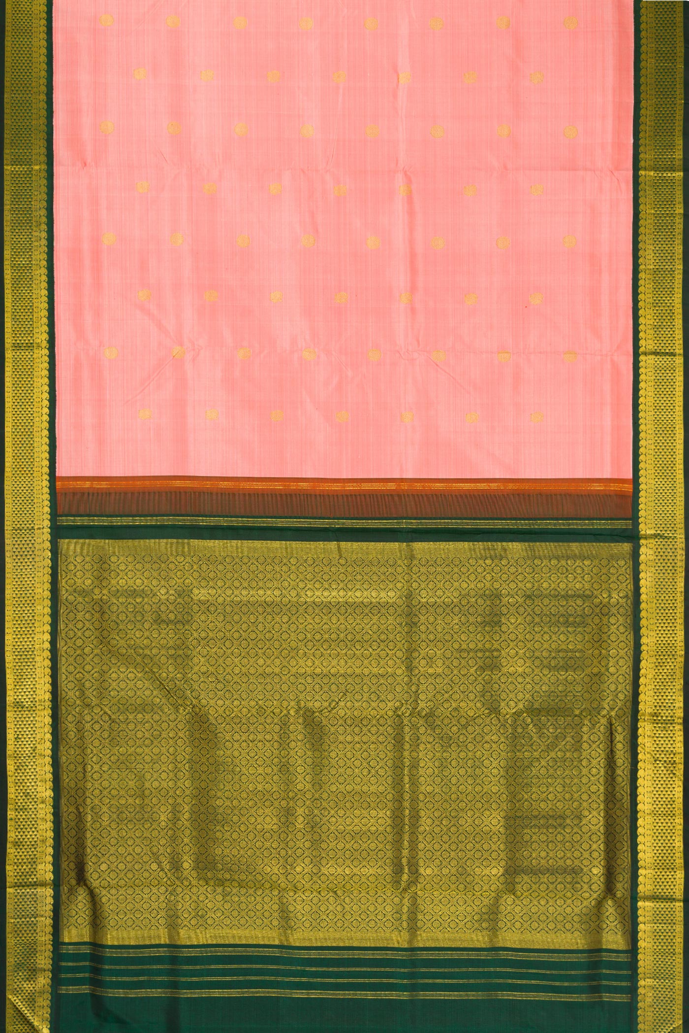 Flat view of Pure Silk Pure Zari Peach Dual Tone Kanchipuram Nine Yards Saree with Zari Butta on the body and Zari Border. 