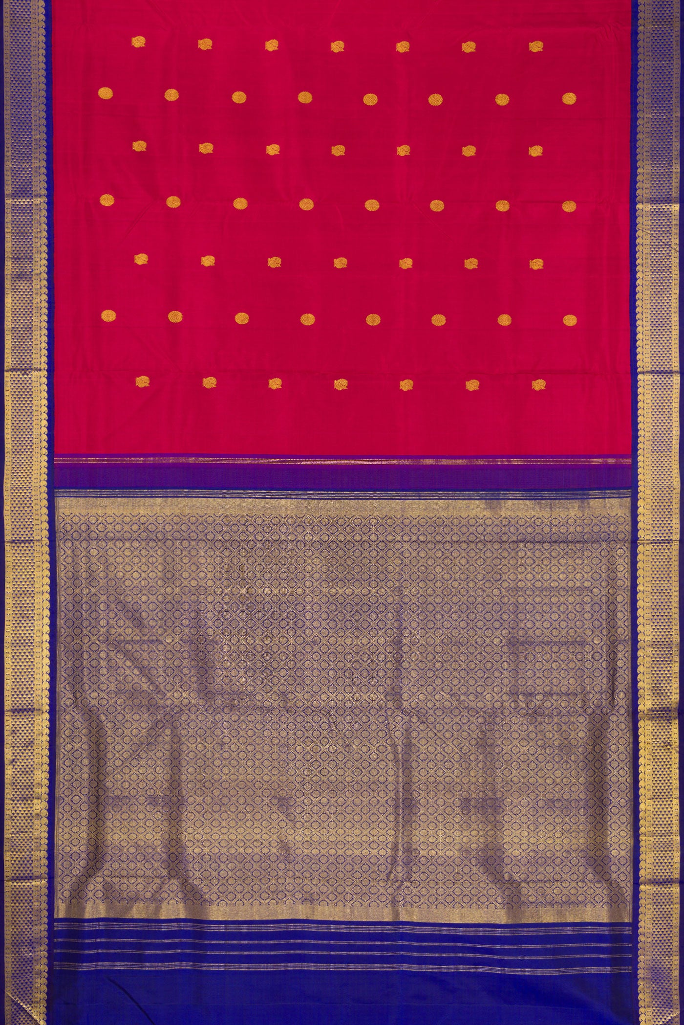 Flat view of Maroon Dual Tone Kanchipuram Silk Nine Yards Saree with Zari Butta on the body and Zari Border. 