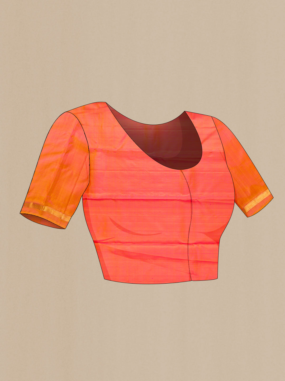 Close up image of the blouse of Magenta Dual Tone Kanjivaram Silk Saree with Plain Body and Zari Border. 