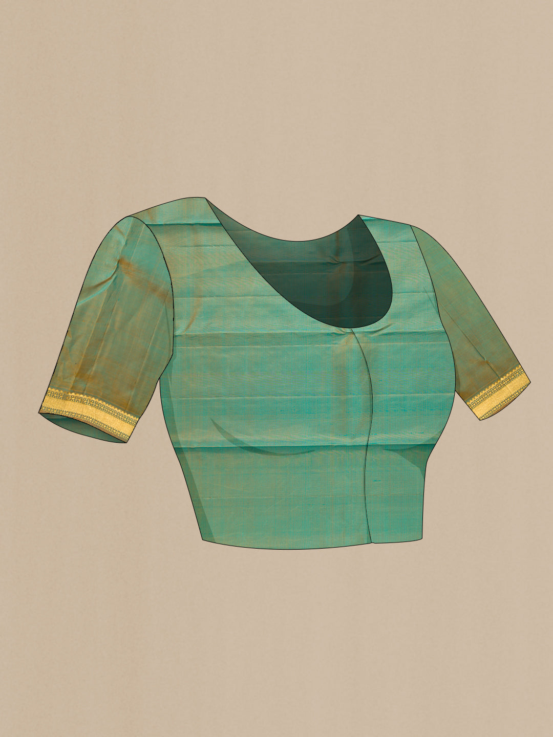 Close up image of the blouse of Sea Green Dual Tone Kanchipuram Silk Saree with Zari Butta on the body and Zari Border. 