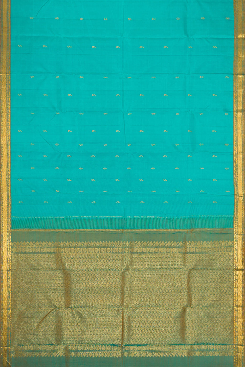 Flat view of Sea Green Dual Tone Kanchipuram Silk Saree with Zari Butta on the body and Zari Border. 