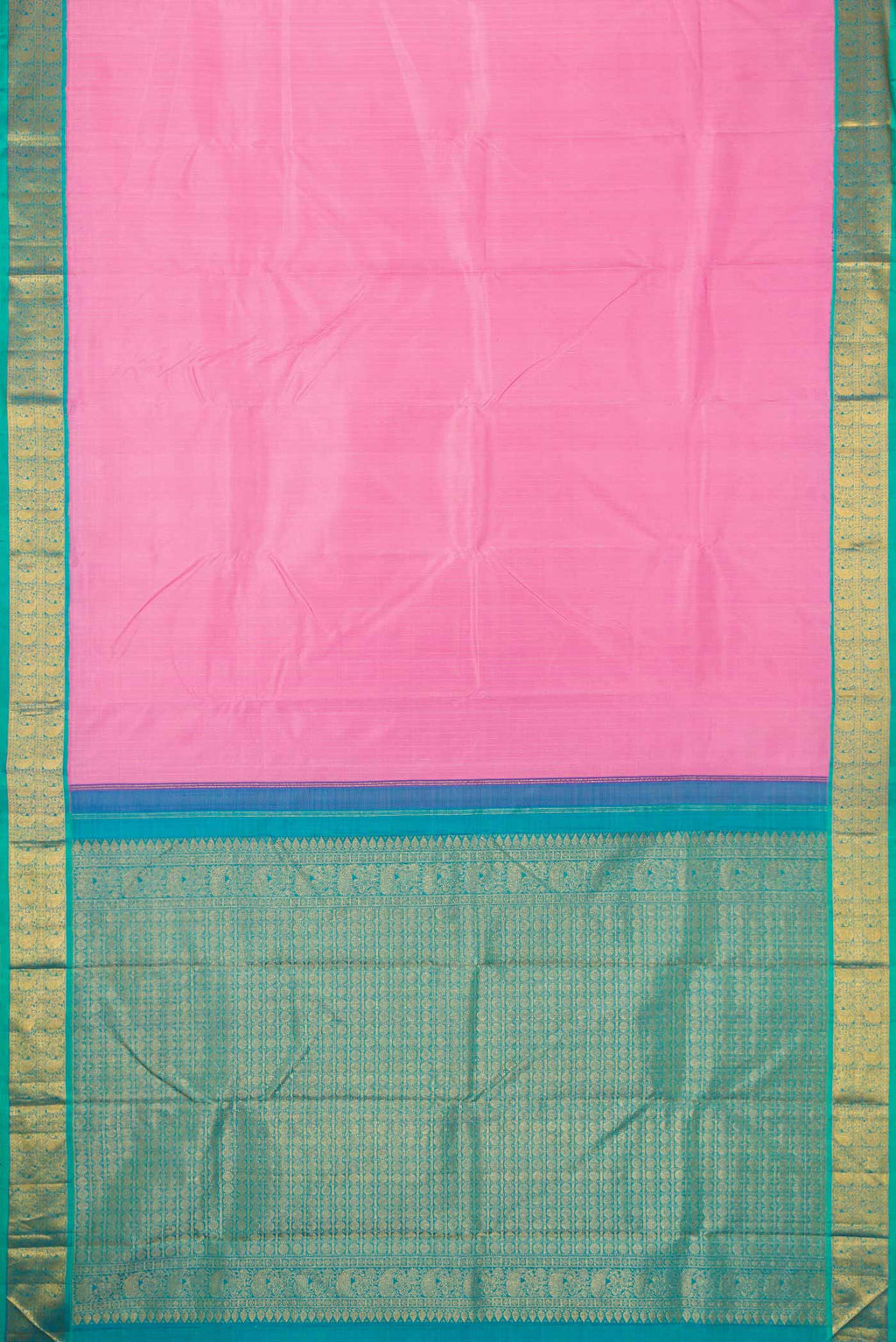 Flat view of Pink Dual Tone Kanjivaram Silk Saree with Stripes on the body and Zari Border. 