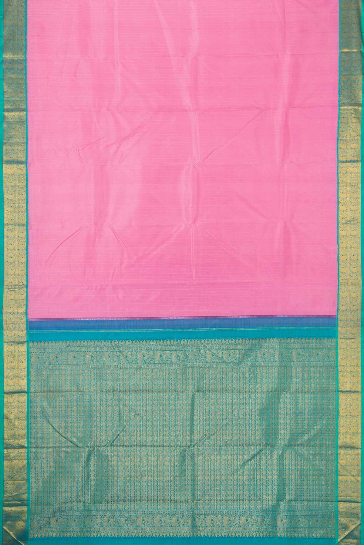 Flat view of Pink Dual Tone Kanjivaram Silk Saree with Stripes on the body and Zari Border. 