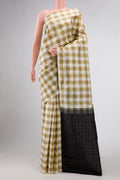 Pure Silk Pure Zari Green and Off White Color Kanchipuram Saree with Checked design on the body and Without Border displayed on a mannequin