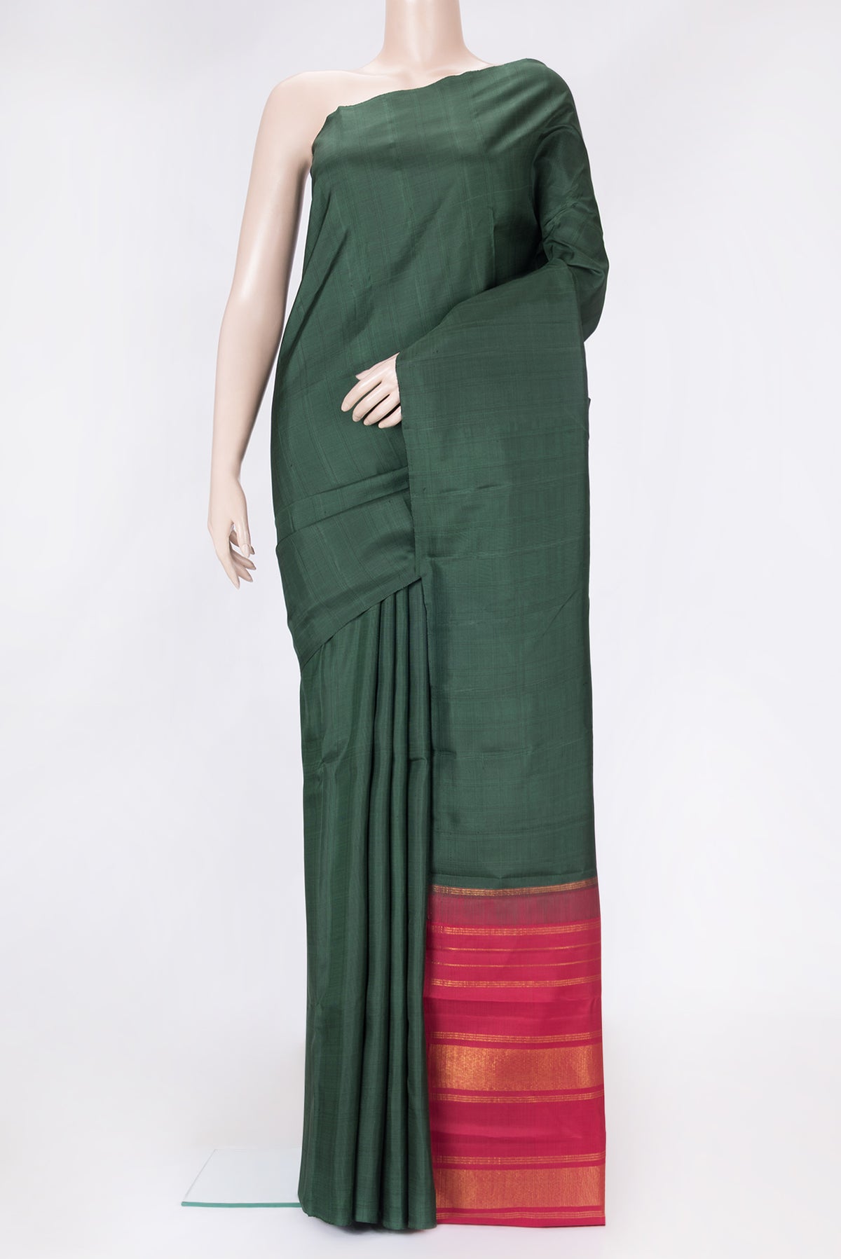Bottle Green Dual Tone Kanjivaram Silk Saree with Checked design on the body and Without Border.  displayed on a mannequin